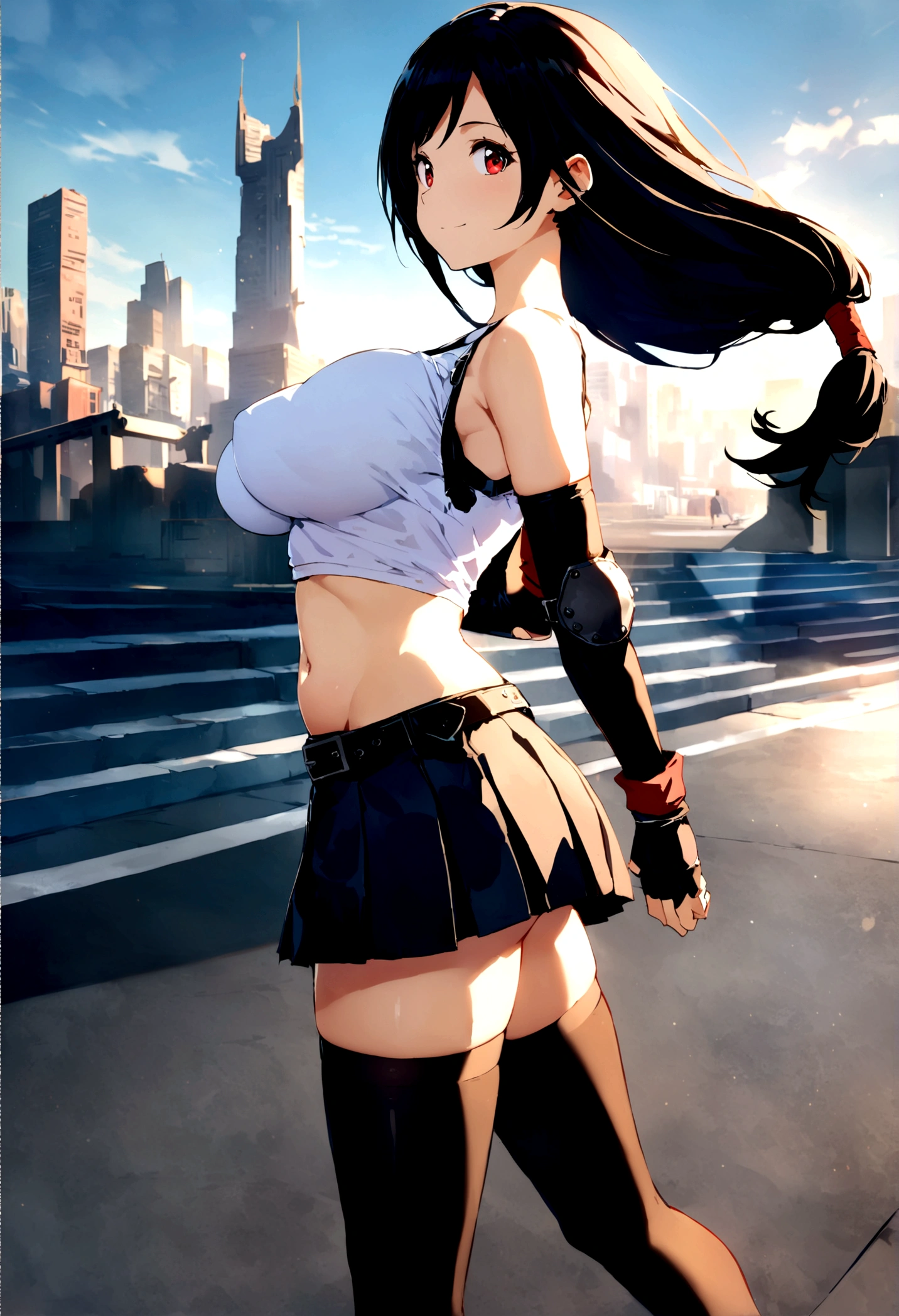 score_9, score_8_up, score_7_up,score_6, score_5,4k,BREAK , from side,from front,front view,Dutchangle,breast focus,standing,straight-on,walking,(arms behind back),(mediumshot),looking_at_viewer ,1girl, tifa lockhart, final fantasy, tareme,black hair, low-tied long hair, red eyes, bangs, (white tank top, belt, pleated skirt, thighhighs, elbow fingerless gloves, elbow pads, midriff, navel,suspender skirt) ,(large_breast),(light smile),Curvy waist,,Solo,,(daytime and beachside and city),detailed skin,(best quality),(aesthetic,very aesthetic),UHD,HDR,intricate detailed,anime,highly detailed,sharp focus,depth of field,,professional lighting,cinematic lighting, ,
