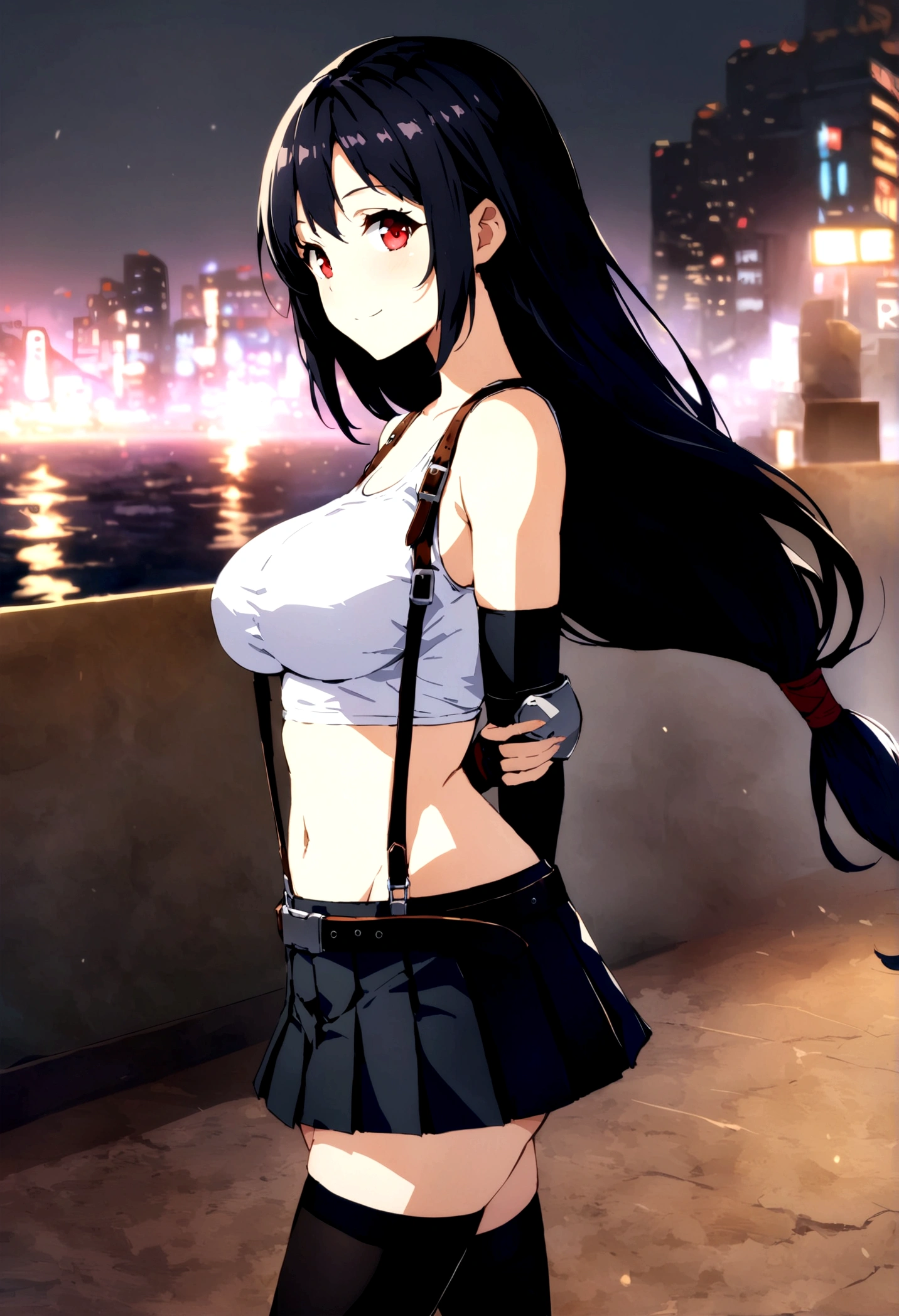 score_9, score_8_up, score_7_up,score_6, score_5,4k,BREAK , from side,from front,front view,Dutchangle,breast focus,standing,straight-on,walking,(arms behind back),(mediumshot),looking_at_viewer ,1girl, tifa lockhart, final fantasy, tareme,black hair, low-tied long hair, red eyes, bangs, (white tank top, belt, pleated skirt, thighhighs, elbow fingerless gloves, elbow pads, midriff, navel,suspender skirt) ,(large_breast),(light smile),Curvy waist,,Solo,,(daytime and beachside and city),detailed skin,(best quality),(aesthetic,very aesthetic),UHD,HDR,intricate detailed,anime,highly detailed,sharp focus,depth of field,,professional lighting,cinematic lighting, , 　　