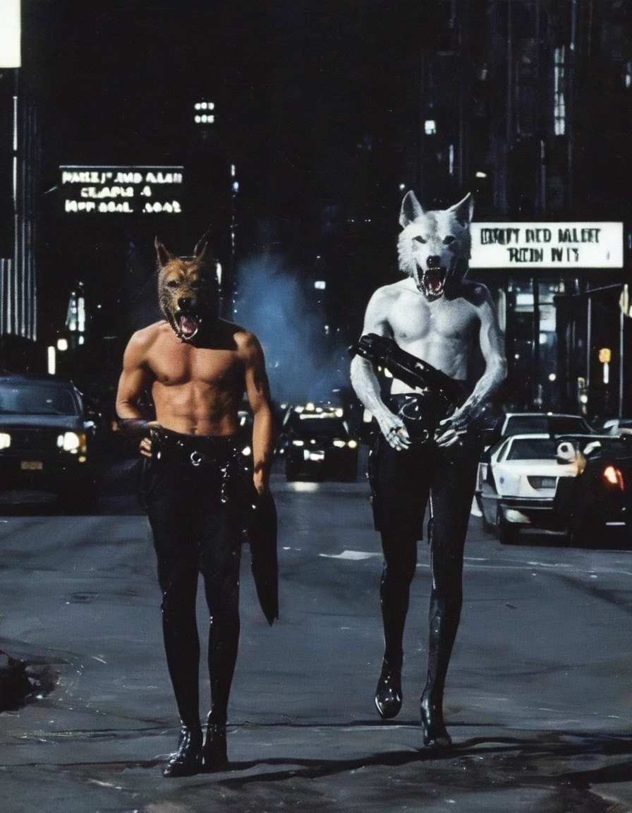 humanoid wolves fashion models in new york street at night, night city background