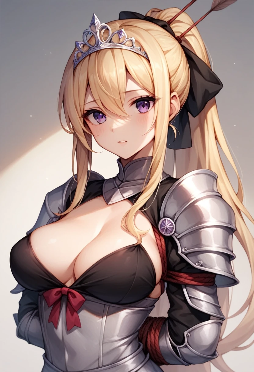 Photo of woman, hair blonde, longye hair, tied up hair, tiara on head, violet eyes, knight outfit, bow and arrow in hand, Black clothing with white details, HD, garota jovem, bountiful breasts.