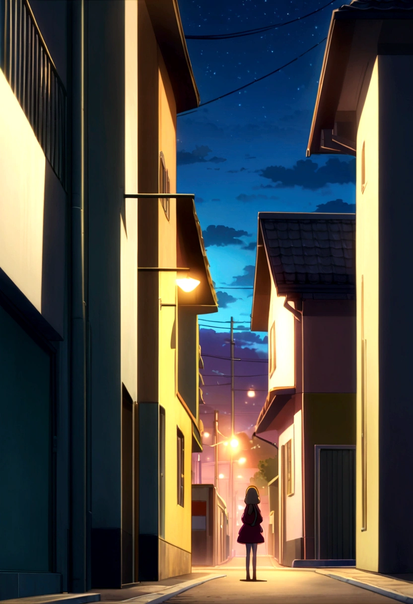 girl standing on a corner on an unlit street at night next to a car seen from afar, anime