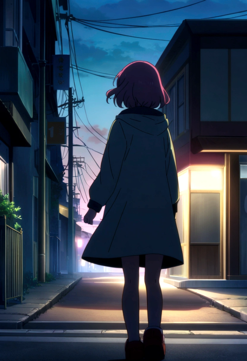 age girl standing on a corner on an unlit street at night next to a car seen from afar, anime