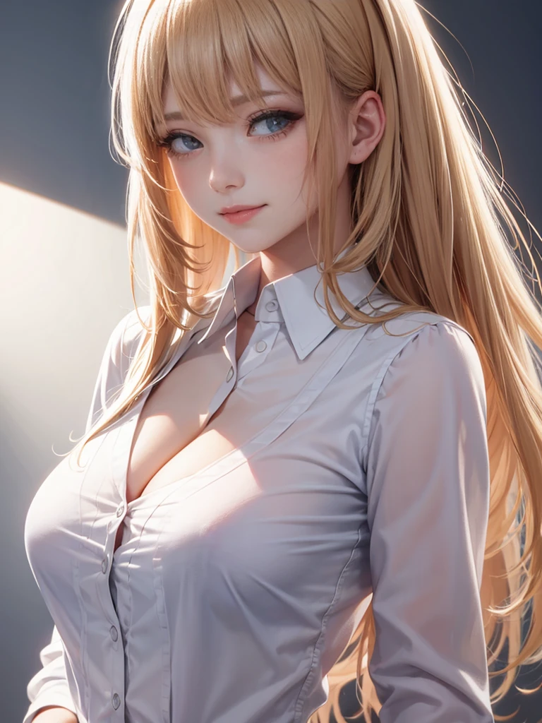 raw photo, 1girl, cute face, beautiful face, medium breast, collared blouse, White blouse, light smile, Upper body, detailed skin, pore, simple background, photorealistic, anatomically correct, masterpiece, best quality, UHD