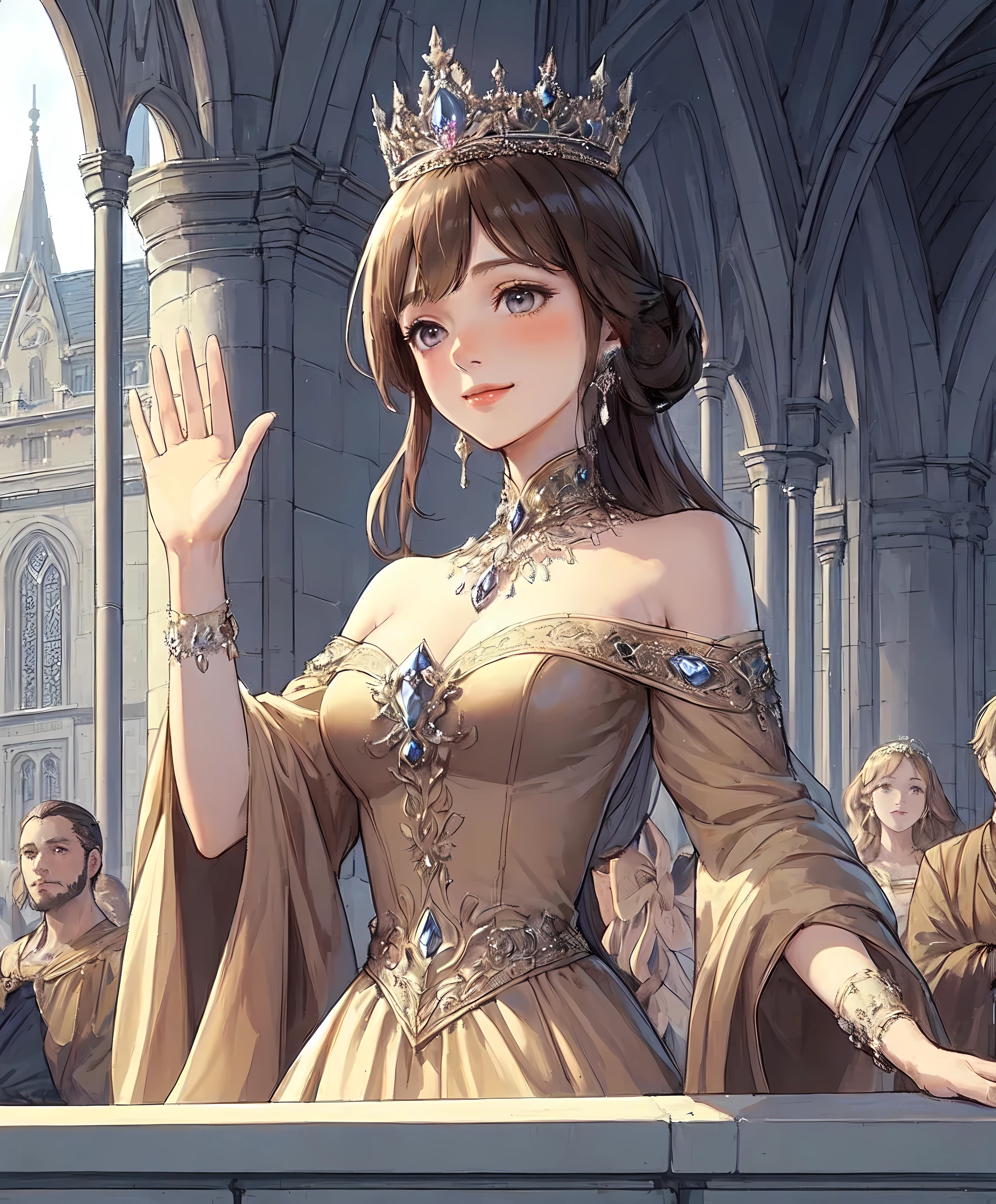 1lady solo, from below, standing on balcony, looking down, (waving hand:1.1) gracefully, queen, (elegant dress) champagne gold, (crystal tiara), /(light brown hair/) bangs, blush kind smile (benevolence), (masterpiece best quality:1.2) delicate illustration ultra-detailed, large breasts BREAK (balcony of medieval European palace) outdoors, audience, detailed background