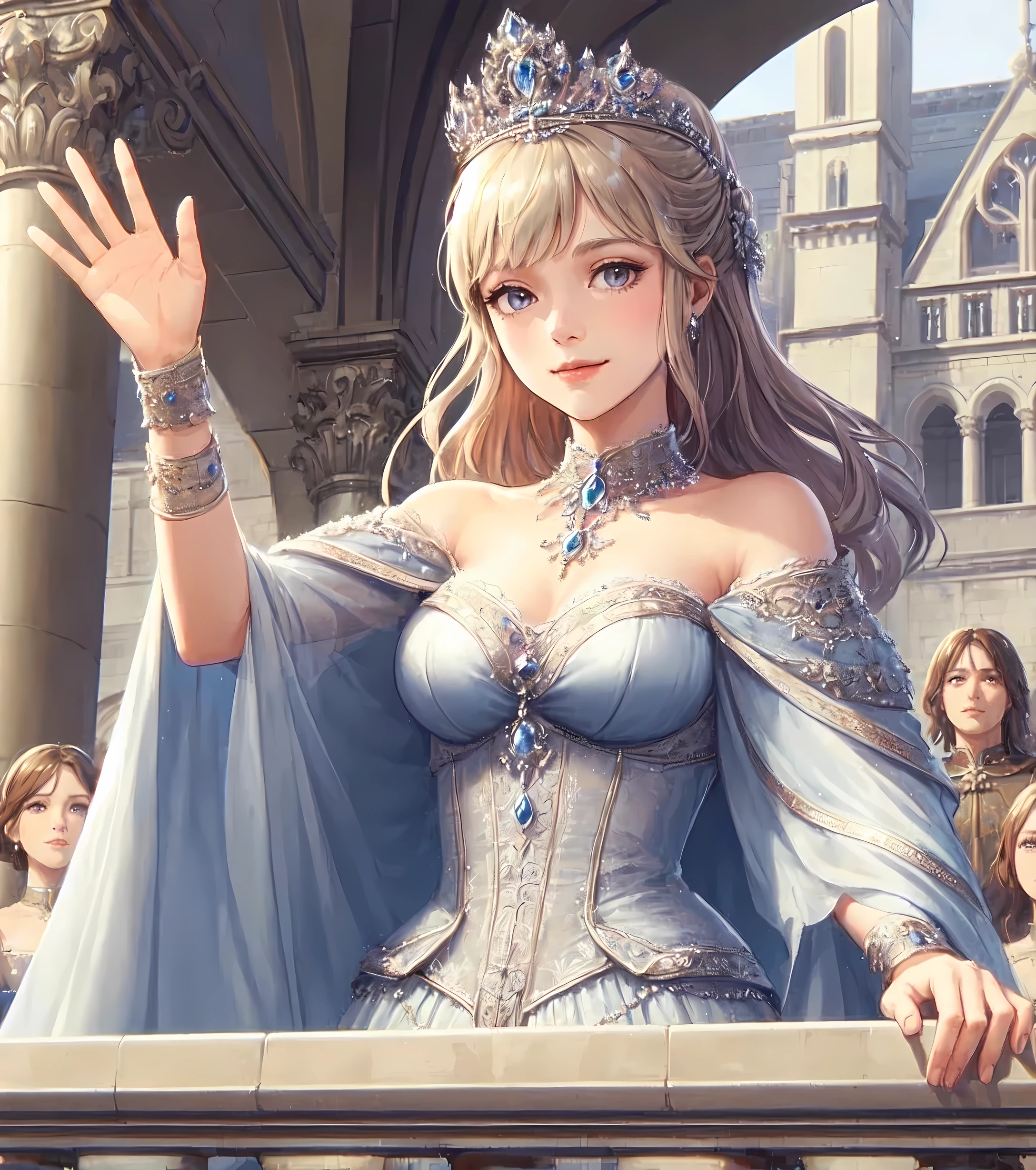 1lady solo, from below, standing on balcony, looking down, (waving hand:1.1) gracefully, queen, (elegant dress) cool-colored, (crystal tiara), /(beige blond hair/) bangs, kind smile (benevolence), (masterpiece best quality:1.2) delicate illustration ultra-detailed, large breasts BREAK (balcony of medieval European palace) outdoors, audience, detailed background