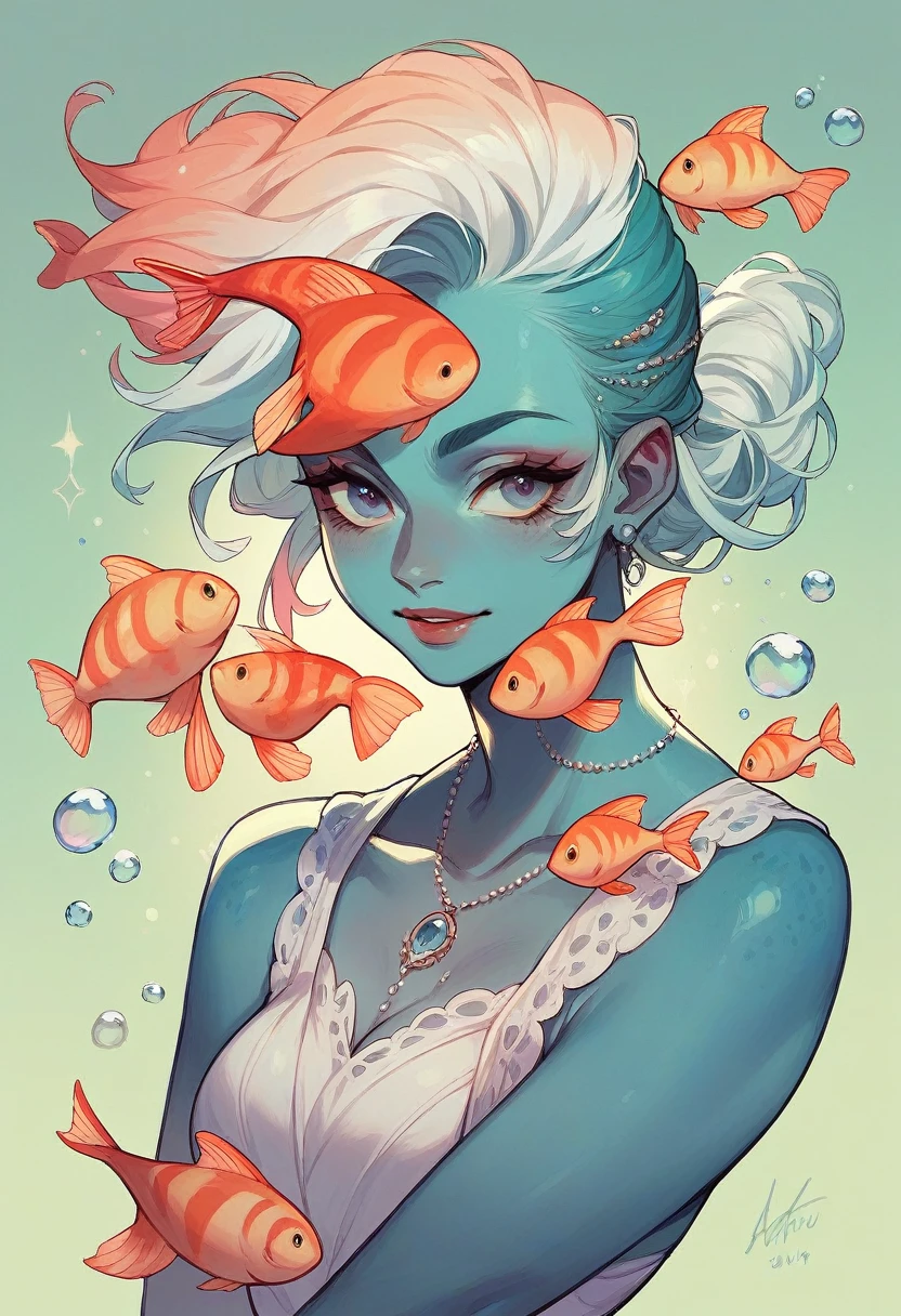A beautiful woman is in the clear sea Fantastic World The corals and fish are colorful and beautiful.
