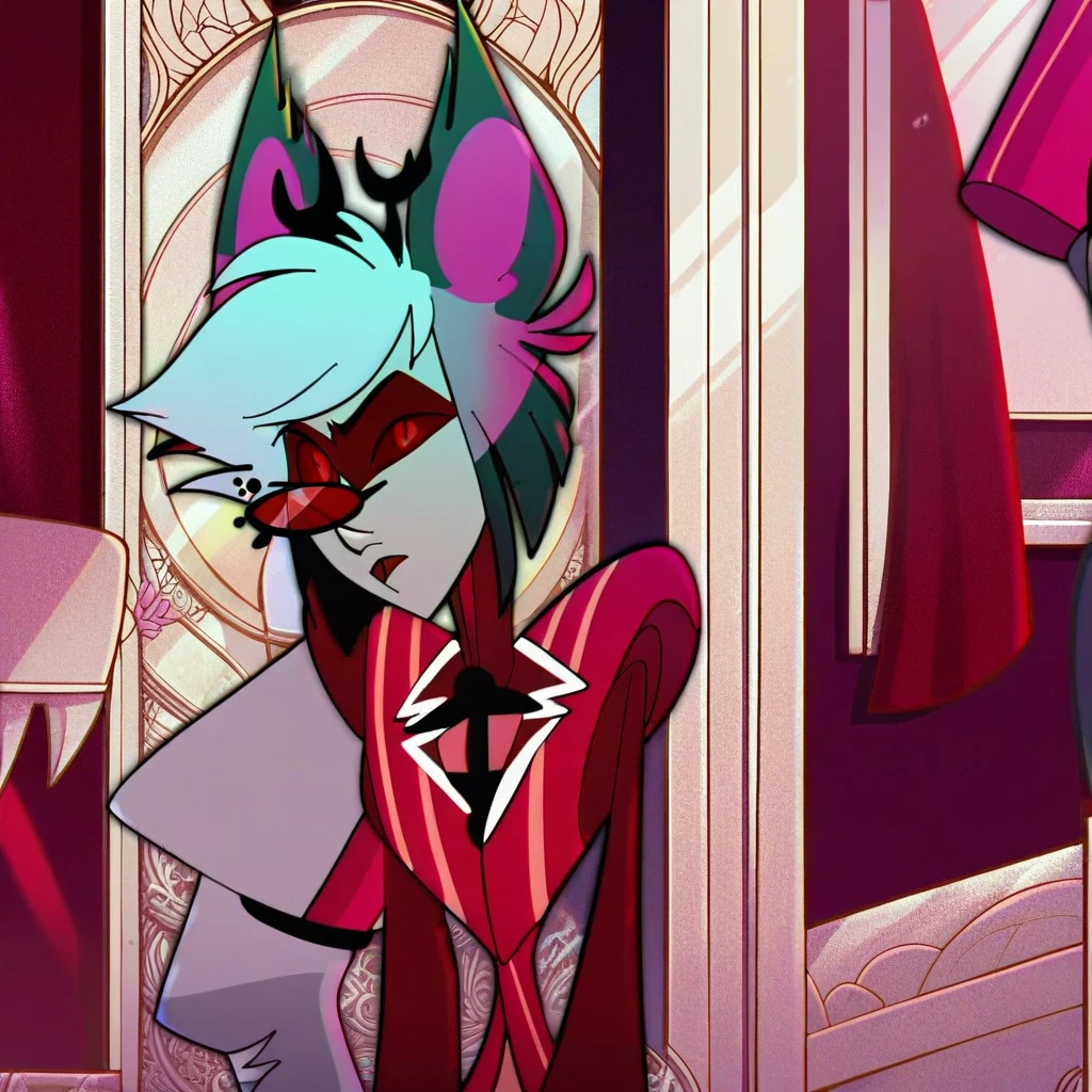 alastor, solo, 1girl, standing, (((huge breasts))), grey skin, red suit, monocle, BREAK score_9, score_8_up, score_7_up, score_6_up, screencap