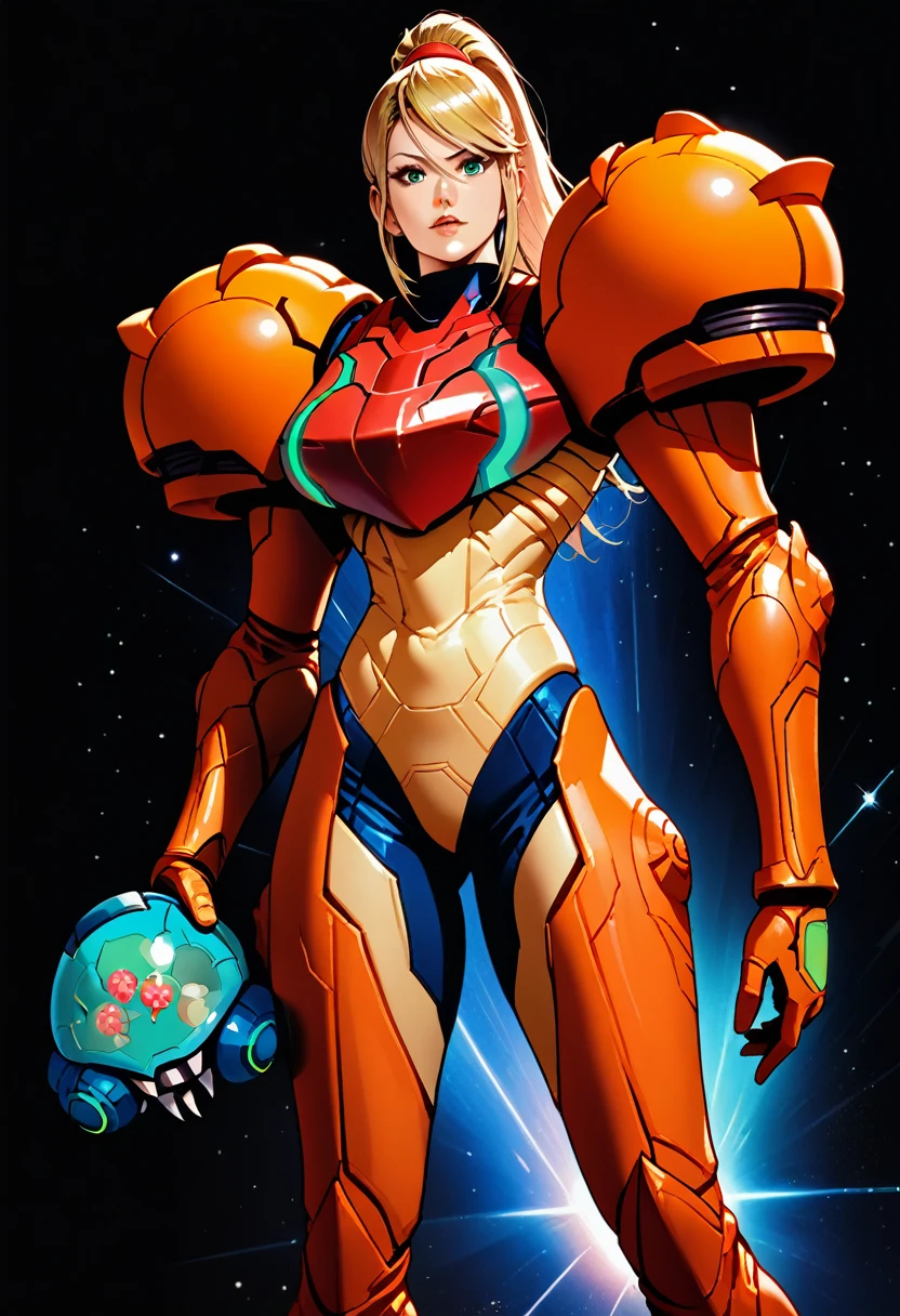 (best quality),female, long hair, ponytail, bangs, power suit (metroid),arm cannon,space background,ultra-detailed,sharp focus,aesthetic, score_9, score_8_up, score_7_up,source_anime,
