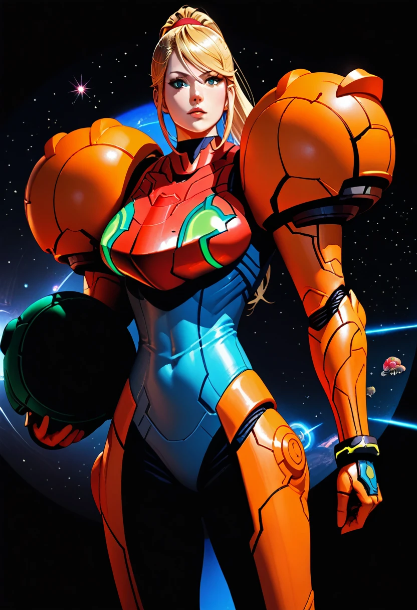 (best quality),female, long hair, ponytail, bangs, power suit (metroid),arm cannon,space background,ultra-detailed,sharp focus,aesthetic, score_9, score_8_up, score_7_up,source_anime,
