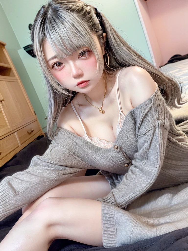 8K, RAW Photos, Fujifilm, Beautiful 20 year old woman style photo, (((Gray Hair:1.3,美しいGray Hairのストレートヘアー、シルキーなGray Hair)))、(((Oversized clothing:1.5,))) Gold earrings, (Highly detailed skin: 1.2), Light medium brown hair, Film Grain, 35mm, Cute Style、On the bed、、Open your mouth、Bedroom、(((Lying down 1.5)))、Selfie with smartphone、(((throw)))、skirt、Thighs