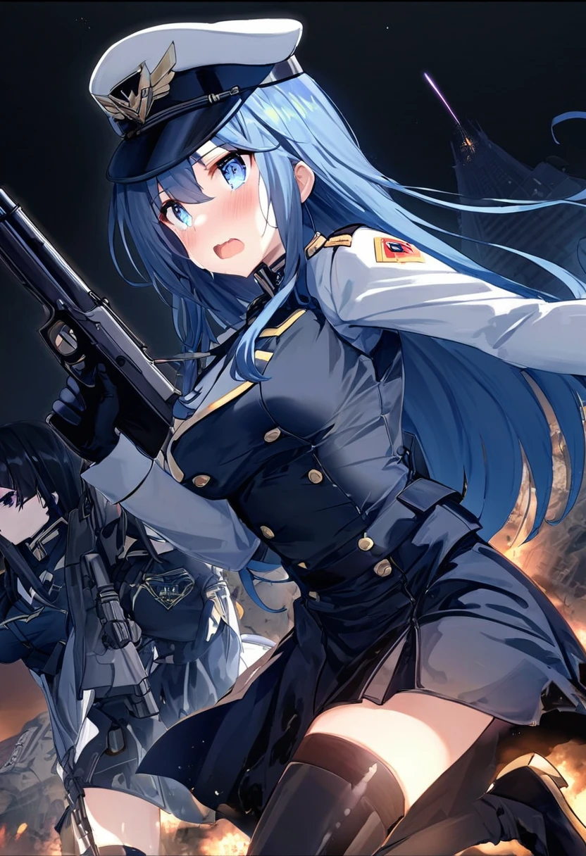 Facing forward girl Military uniforms with a white base and some black Spectacular Background A shooting star is falling Beautiful night view She is on the right On the left you can see the destroyed city. He has a gun 服にはplaneが描かれています 背景の上部にはFighterが飛んでいます Red Moon blue eyes There is one person Purple long hair wearing a military cap war I'm wearing pants Precision masterpiece girlにクローズアップ girlを正面から見ています ponytail long hair soldier battlefield {超Precision} Satanic Smiling gently Kind eyes Anime Style {war} {Gunfight} {Fighterの擬人化} Fighter tank Battleship plane Thunder Day Mechanical Man 宇宙Battleshipヤマトの武装をつけています Gentle expression F-16Fighterの翼を背中につけています tankがいます The corners of the mouth are slightly raised The mouth is closed The mouth is small cute