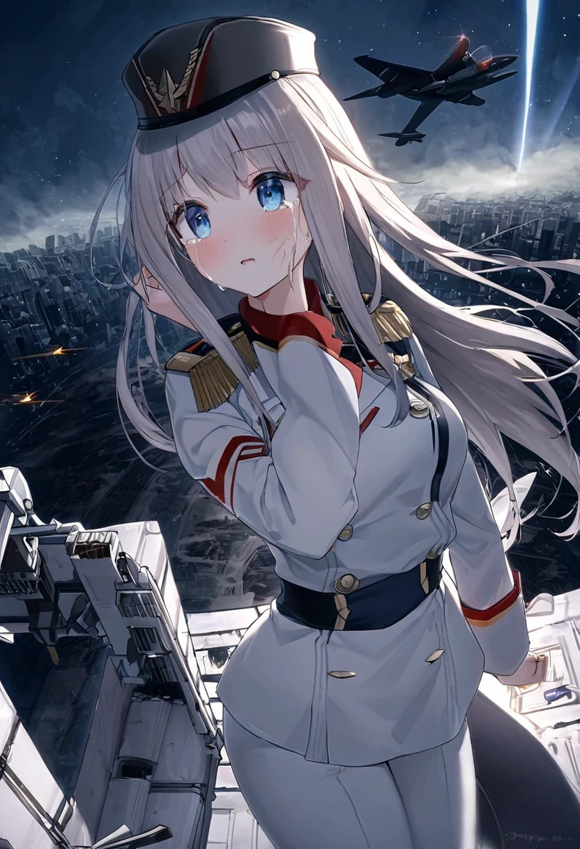 Facing forward　girl　Military uniforms with a white base and some black　Spectacular Background　A shooting star is falling　Beautiful night view　　　She is on the right　On the left you can see the destroyed city.　He has a gun　　　服にはplaneが描かれています　背景の上部にはFighterが飛んでいます　White Moon　blue eyes　　There is one person　blue and long hair　wearing a military cap　war　I'm wearing pants　Precision　masterpiece　girlにクローズアップ　girlを正面から見ています　Straight Rare　soldier　battlefield　{超Precision} Satanic　Terrified face　A few tears in the eyes　Scared　Anime Style　 {war} {Gunfight} {Fighterの擬人化} Fighter　tank　Battleship　plane　Thunder Day　Mechanical Man　宇宙Battleshipヤマトの武装をつけています　A dignified expression　F-16Fighterの翼を背中につけています