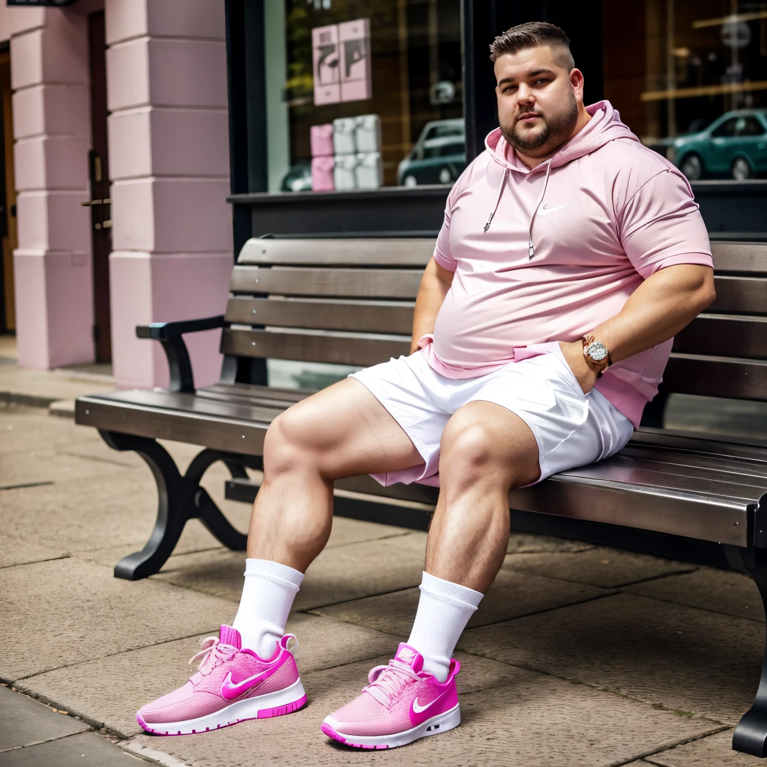 A full body photo in town street, a very fat 300 pound 30-year-old guy Aaron Frew with clean shaved undercut light-pink haircut wearing carhartt pink open hoodies, white Nike t-shirt showing off overhanging belly and full chest ,olive green cargo shorts, white and pink nike dunk sneakers off, pink Nike socks, lots of silver rings, chains, bracelets, brown short undercut hair, sitting on a bench in his pink socks, showing off his pink socks, sneakers off