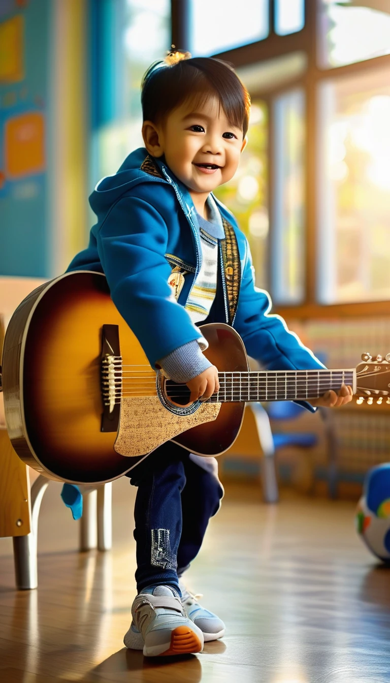 A , 5 years olis looking camera), He is in front of Class in School. He is playing guitar. Sun light from windows, Supper Detail, 32K, ultra, high quality, masterpiece, (full body), leg with sport shoes, he is blue coat,
