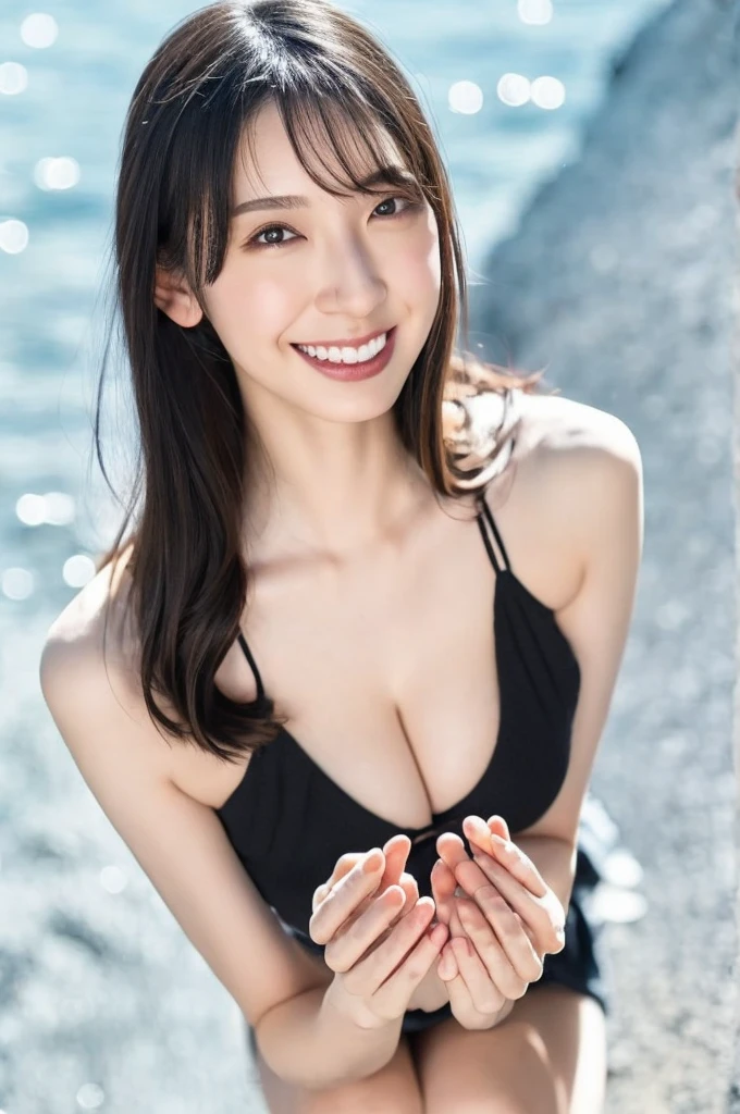 a woman,1 girl,black hair, hair bobbles, longeyelashes, solid circle eyes, light smile, mole under eye, piercing, light smile, shy, puckered lips, Surrealism, drop shadow, stereogram, ass pov, atmospheric perspective, depth of field, first-person view, f/1.8, 8K, super detail, ccurate, best quality, highres, best quality,full body,professional lighting,Cleavage