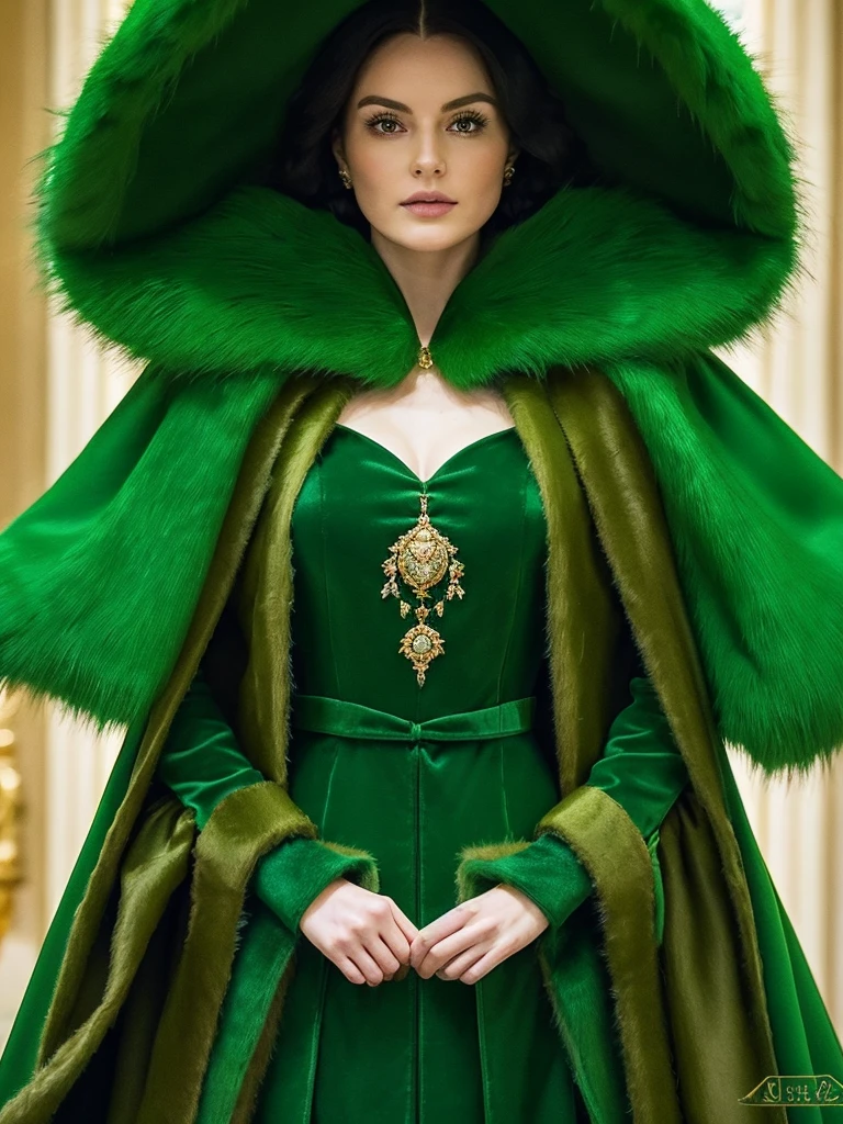a woman in a green dress and a fur stole, wearing a luxurious silk cloak, wearing a luxurious cloak, wearing a luxurious royal cloak, royal gown, with a green cloak, green cloak, green cape, long luxurious gown, robe. extremely high details, wearing dramatic aristocrat robe, wearing green cloak, elegant cape, green fur, wearing a green cloak