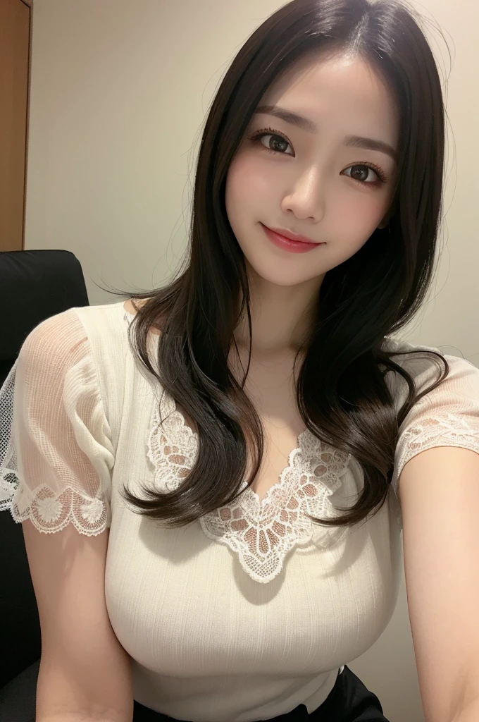 On the table、best quality、Photorealism、Finely、high resolution、８wallpaper、Perfect dynamic posture、Beautiful slender eyes and long hair、（Big breasts 1.2）、casual sexy pose、Random situations、Selfie Angle，Looking at the camera，（Tight round neck black mesh lace shirt）、、Gentle smile、50 years old、（Perfect Eyes 1.3）、Mature adult beauties、Japanese、