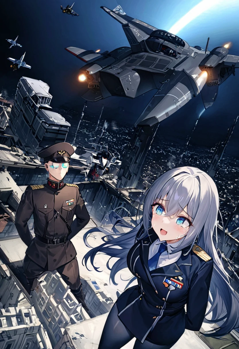 Facing forward girl Military uniforms with a white base and some black Spectacular Background A shooting star is falling Beautiful night view She is on the right On the left you can see the destroyed city. He has a gun 服にはplaneが描かれています 背景の上部にはFighterが飛んでいます White Moon blue eyes There is one person blue and long hair wearing a military cap war I'm wearing pants Precision masterpiece girlにクローズアップ girlを正面から見ています Straight Rare soldier battlefield {超Precision} Satanic Terrified face A few tears in the eyes Scared Anime Style {war} {Gunfight} {Fighterの擬人化} Fighter tank Battleship plane Thunder Day Mechanical Man 宇宙Battleshipヤマトの武装をつけています A dignified expression F-16Fighterの翼を背中につけています