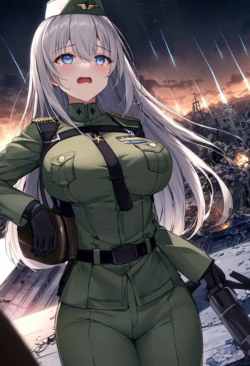 Facing forward girl Military uniforms with a white base and some black Spectacular Background A shooting star is falling Beautiful night view She is on the right On the left you can see the destroyed city. He has a gun 服にはplaneが描かれています 背景の上部にはFighterが飛んでいます White Moon blue eyes There is one person blue and long hair wearing a military cap war I'm wearing pants Precision masterpiece girlにクローズアップ girlを正面から見ています Straight Rare soldier battlefield {超Precision} Satanic Terrified face A few tears in the eyes Scared Anime Style {war} {Gunfight} {Fighterの擬人化} Fighter tank Battleship plane Thunder Day Mechanical Man 宇宙Battleshipヤマトの武装をつけています A dignified expression F-16Fighterの翼を背中につけています