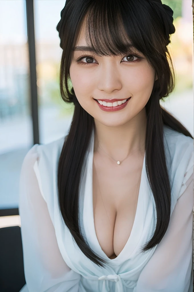 a woman,1 girl,black hair, hair bobbles, longeyelashes, solid circle eyes, light smile, mole under eye, piercing, light smile, shy, puckered lips, Surrealism, drop shadow, stereogram, ass pov, atmospheric perspective, depth of field, first-person view, f/1.8, 8K, super detail, ccurate, best quality, highres, best quality,full body,professional lighting,Cleavage