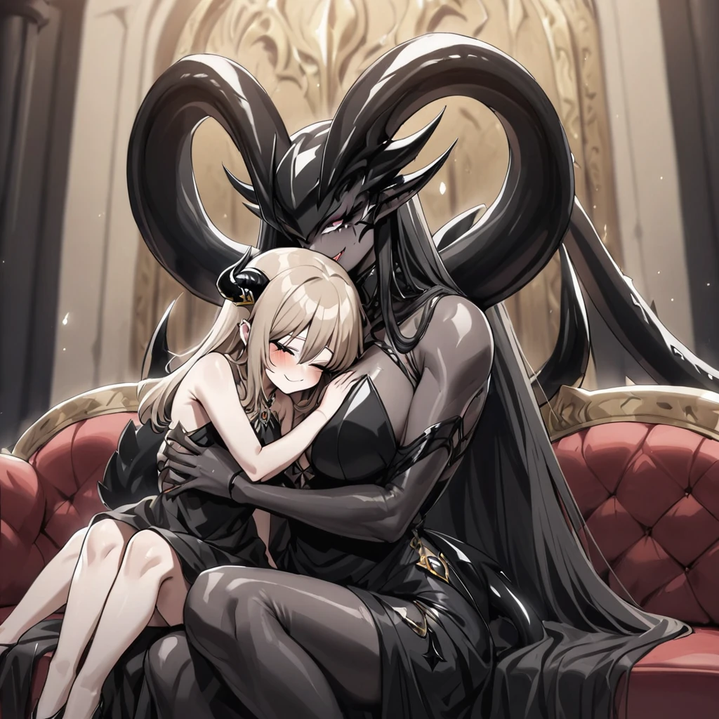 ((Highest quality)), ((masterpiece)), (detailed), (Perfect Face)、The woman is a jet-black devil、The woman is a jet-black female demon with magnificent demon horns and a jet-black tail, her skin is the same black as the Demon King, and she is wearing a seductive and luxurious jet-black dress of the Demon Queen. Her name is Princess Leona, a jet-black demon with medium-long light brown hair. The man and woman are cuddling happily on a large sofa.、The woman is sitting happily on a large sofa, snuggled up to her beloved husband, the powerful demon king.、A strong demon king is sitting on a large sofa in front of a luxurious demon altar, embracing his wife, the demon queen Leona.、The woman is holding her daughter