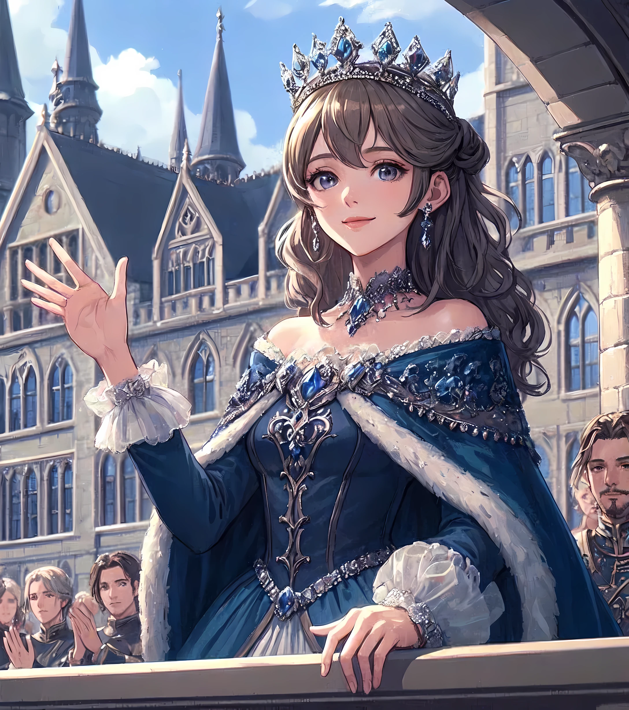 1lady solo, from below, standing on balcony, looking down, (waving hand:1.1) gracefully, queen, (elegant dress) deep blue, (crystal tiara), /(gray brown hair/) bangs, kind smile (benevolence), (masterpiece best quality:1.2) delicate illustration ultra-detailed, large breasts BREAK (balcony of medieval European palace) outdoors, audience, detailed background