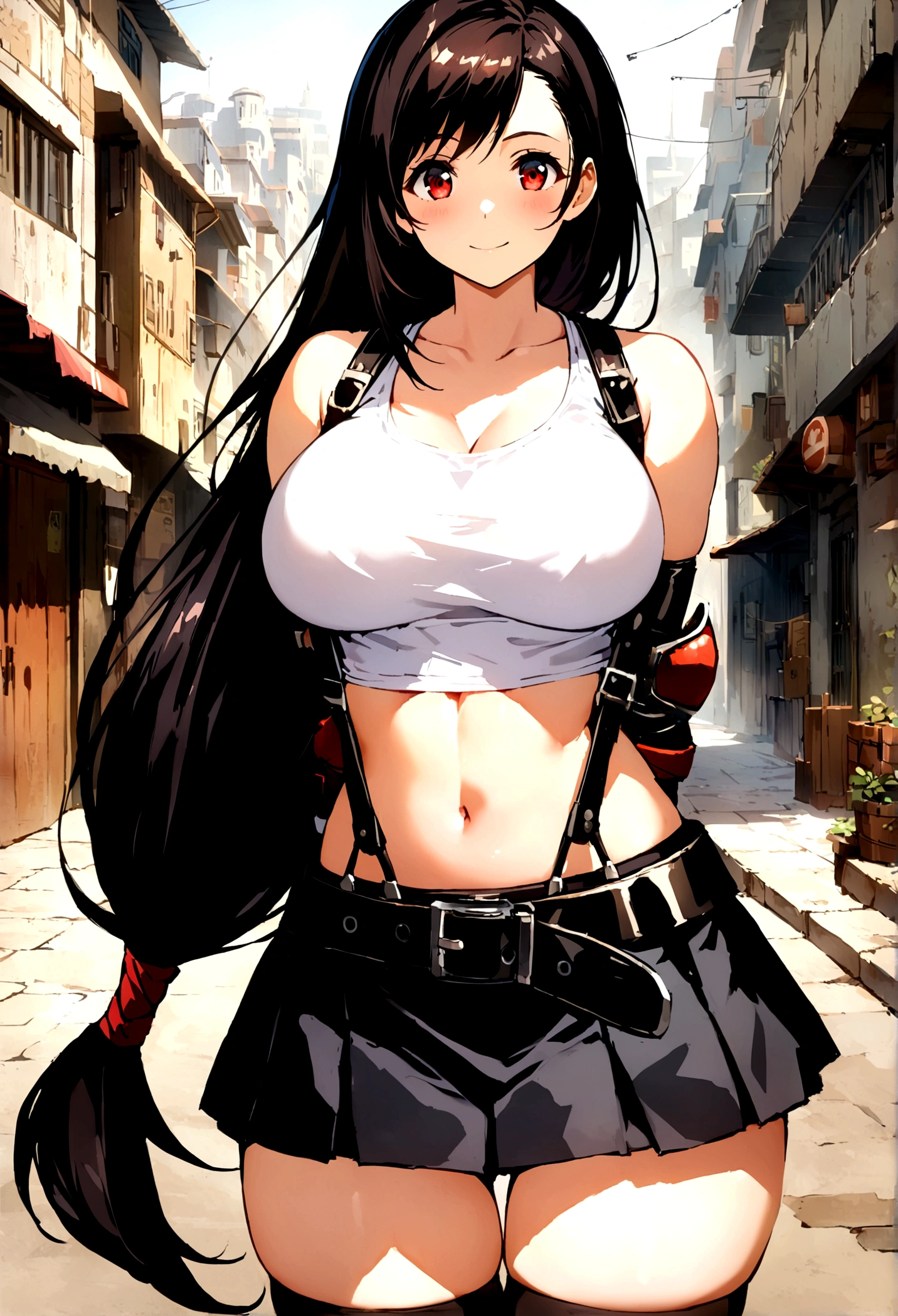 score_9, score_8_up, score_7_up,score_6, score_5,4k,BREAK , from side,from front,front view,,breast focus,standing,straight-on,walking,(arms behind back),(mediumshot),looking_at_viewer ,1girl, tifa lockhart, final fantasy, tareme,black hair, low-tied long hair, red eyes, bangs, (white tank top, belt, pleated skirt, thighhighs, elbow fingerless gloves, elbow pads, midriff, navel,suspender skirt) ,(large_breast),(light smile),Curvy waist,,Solo,,(daytime and beachside and city),detailed skin,(best quality),(aesthetic,very aesthetic),UHD,HDR,intricate detailed,anime,highly detailed,sharp focus,depth of field,,professional lighting,cinematic lighting, , 　　