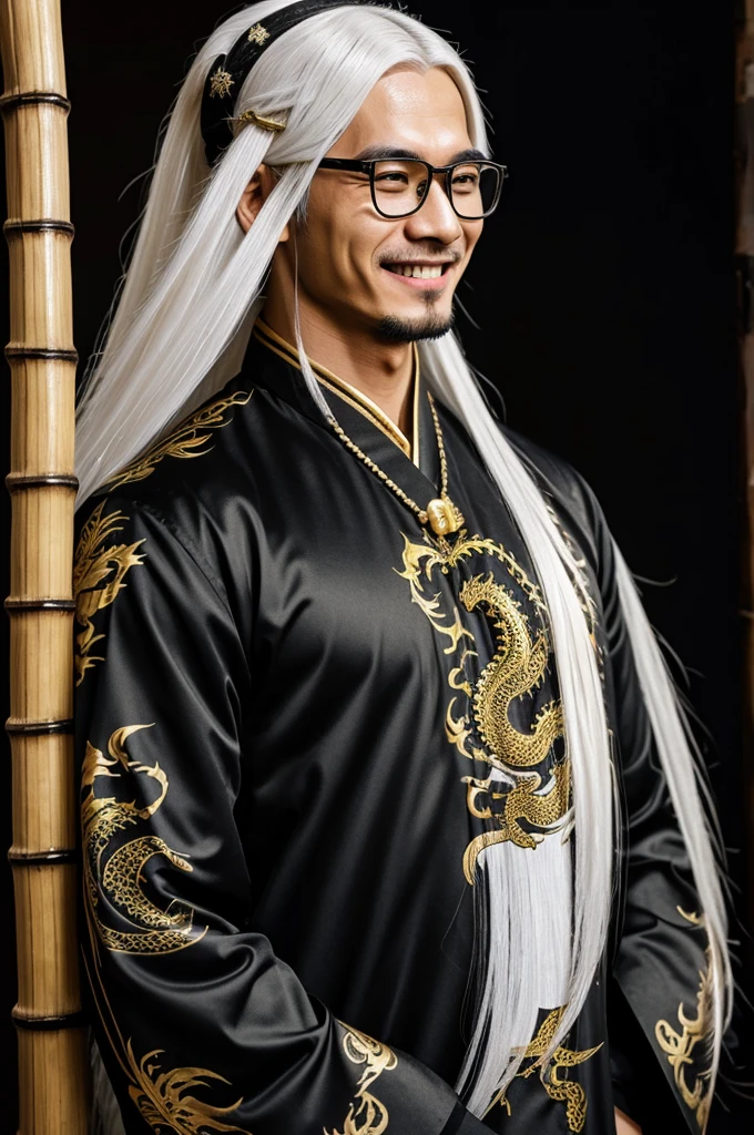 Long white hair, always smile and close the eyes,male,slim, black Chinese long clothes with golden dragon patterns, black dragon tattoos on neck, black rimless glasses on head,The background have bamboo raining 

