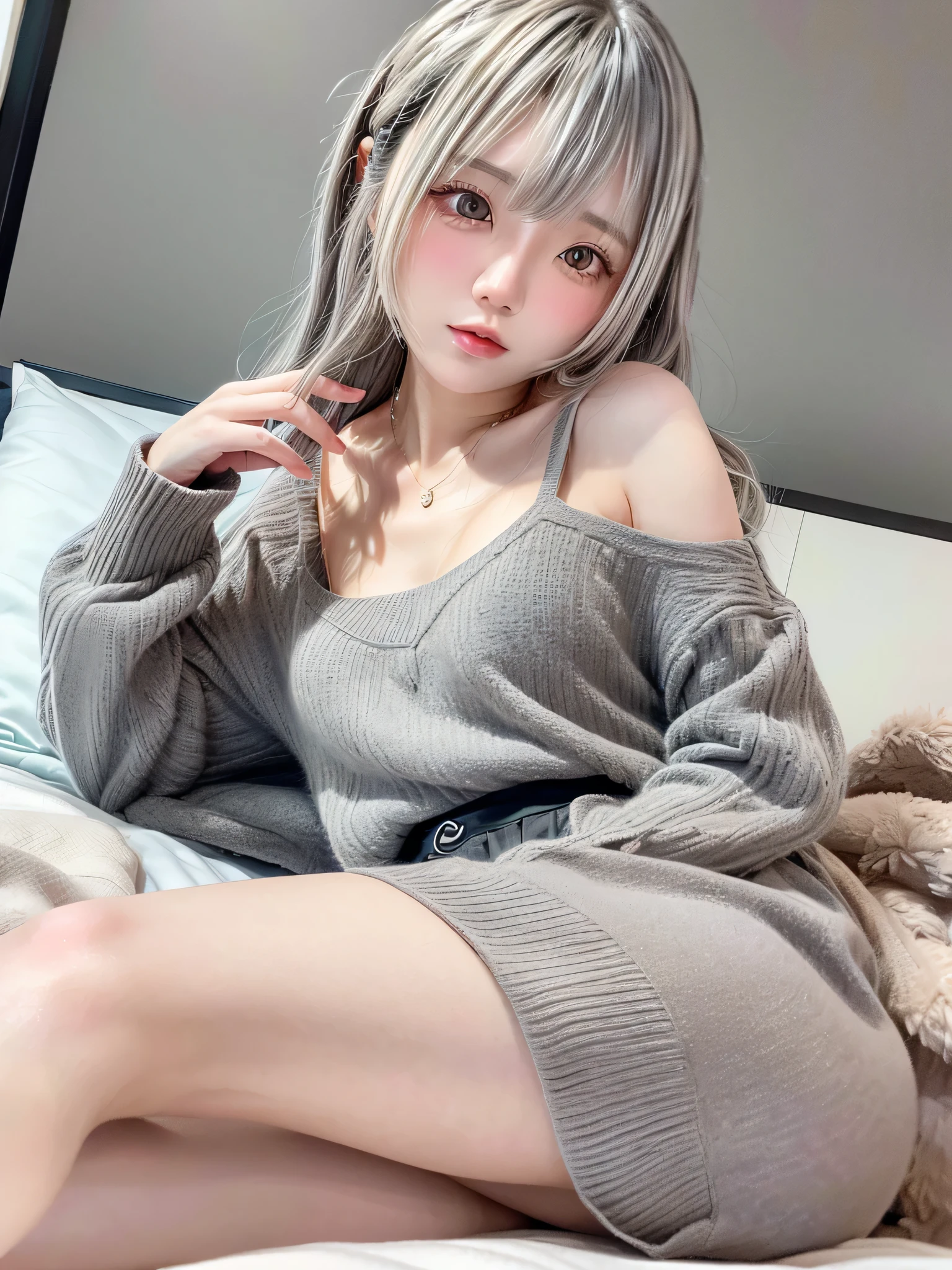 8K, RAW Photos, Fujifilm, Beautiful 20 year old woman style photo, (((Gray Hair:1.3,美しいGray Hairのストレートヘアー、シルキーなGray Hair)))、(((Oversized clothing:1.5,))) Gold earrings, (Highly detailed skin: 1.2), Light medium brown hair, Film Grain, 35mm, Cute Style、On the bed、、Open your mouth、Bedroom、(((Lying down 1.5)))、Selfie with smartphone、(((throw)))、skirt、Thighs