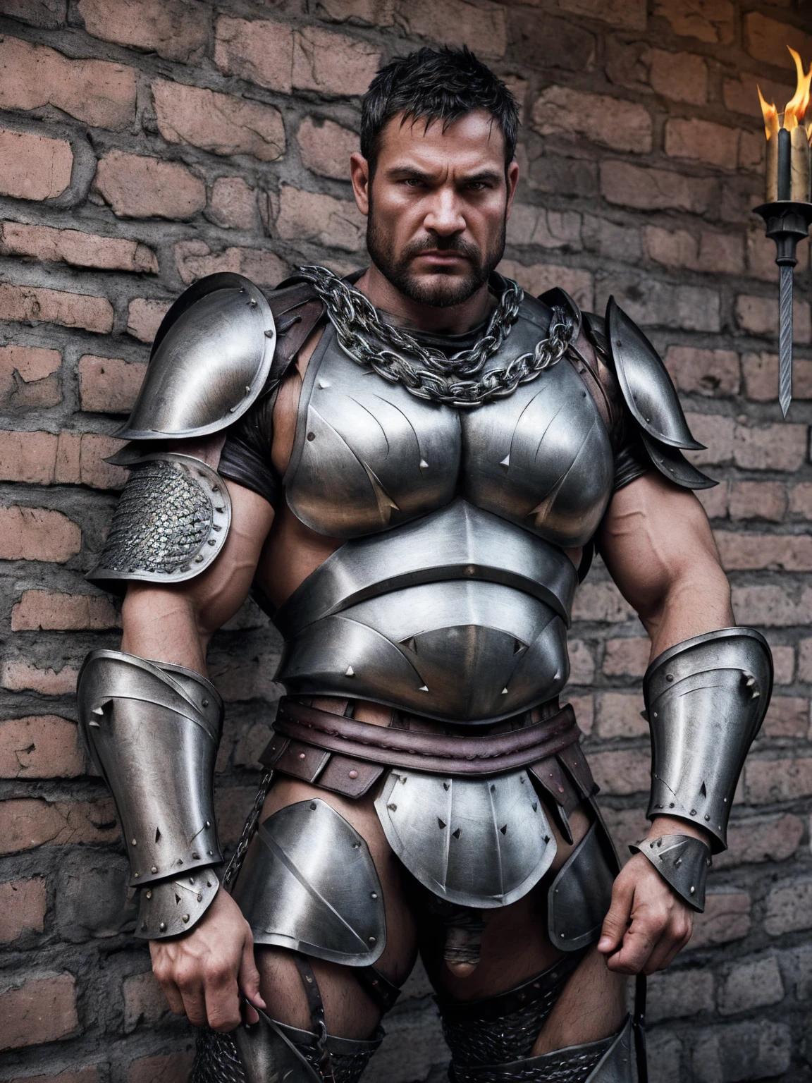 Raw, cinematic shot, (sharp focus:1.5), (photorealistic:1.2), medium portrait sexy daddy huge pecs of (a weary-looking but still proud and fierce-looking บาบาเลี่ยน warrior,Spartan Armor, dressed in elaborately detailed chain mail and leather armour, a few torches burn on the walls