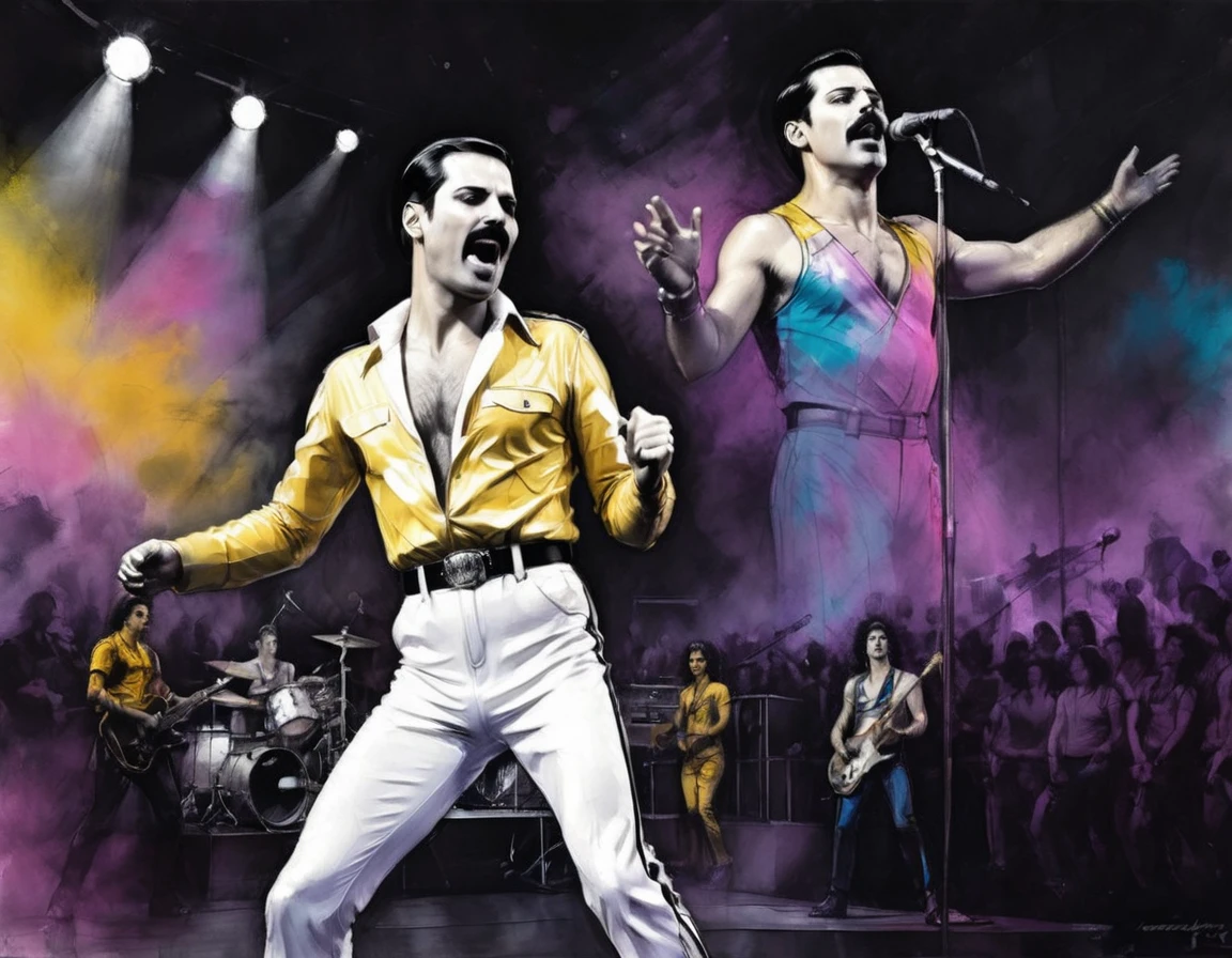 High Resolution, High Quality , Masterpiece Freddie Mercury commanding the stage with Queen band, charcoal and ink sketch style inspired by Richard Phillips, amplified to an impressive digital painting, dynamic composition, rock ambiance, detailed background suggesting a lively concert setting, accent lighting zigzagging across the front row, contrasting colors enriching the scene, enhanced with a watercolor wash, sharp focus capturing the raw energy, intricate details rivaling a studio photo, overall quality worthy 