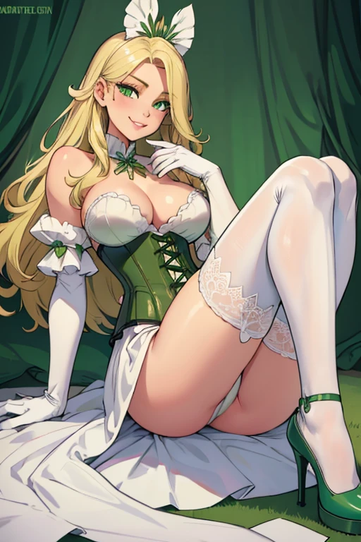 female, blonde long hair, green eyes, (((1girl))), (((light green corset))), (white panties), (light green heels), (white stockings), (white opera gloves), cute and sexy, full body, large breasts, large butt, long legs, smiling