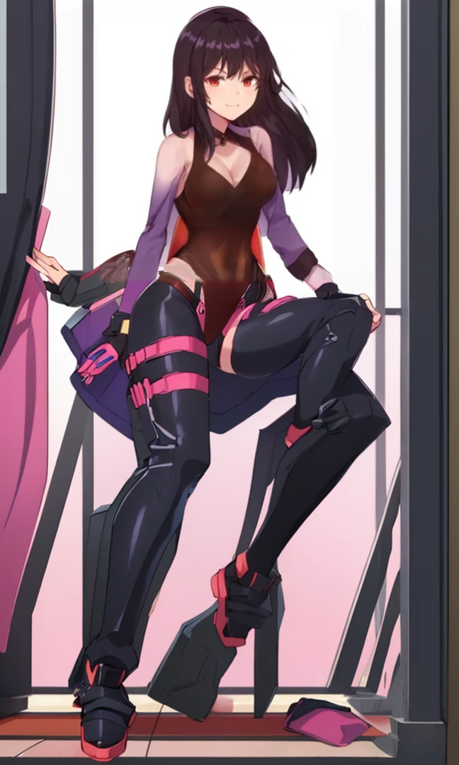 a woman in a bodysuit top and purple hand warmers, anime moe artstyle, roguish smirk, seductive anime girl, female anime character, black - haired mage, render of april, female protagonist