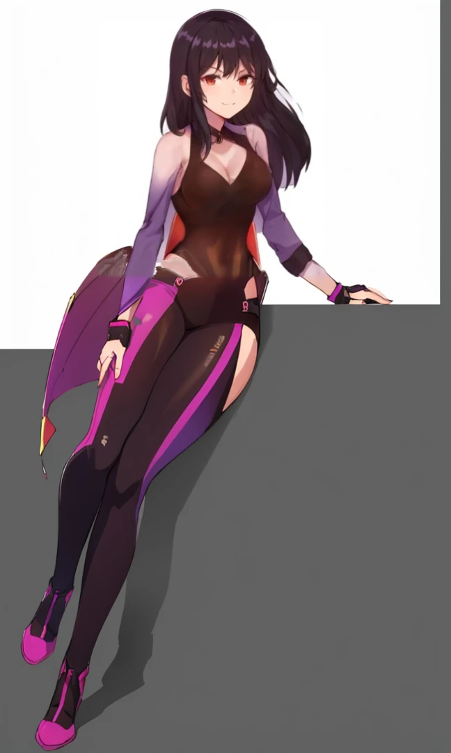 a woman in a bodysuit top and purple hand warmers, anime moe artstyle, roguish smirk, seductive anime girl, female anime character, black - haired mage, render of april, female protagonist