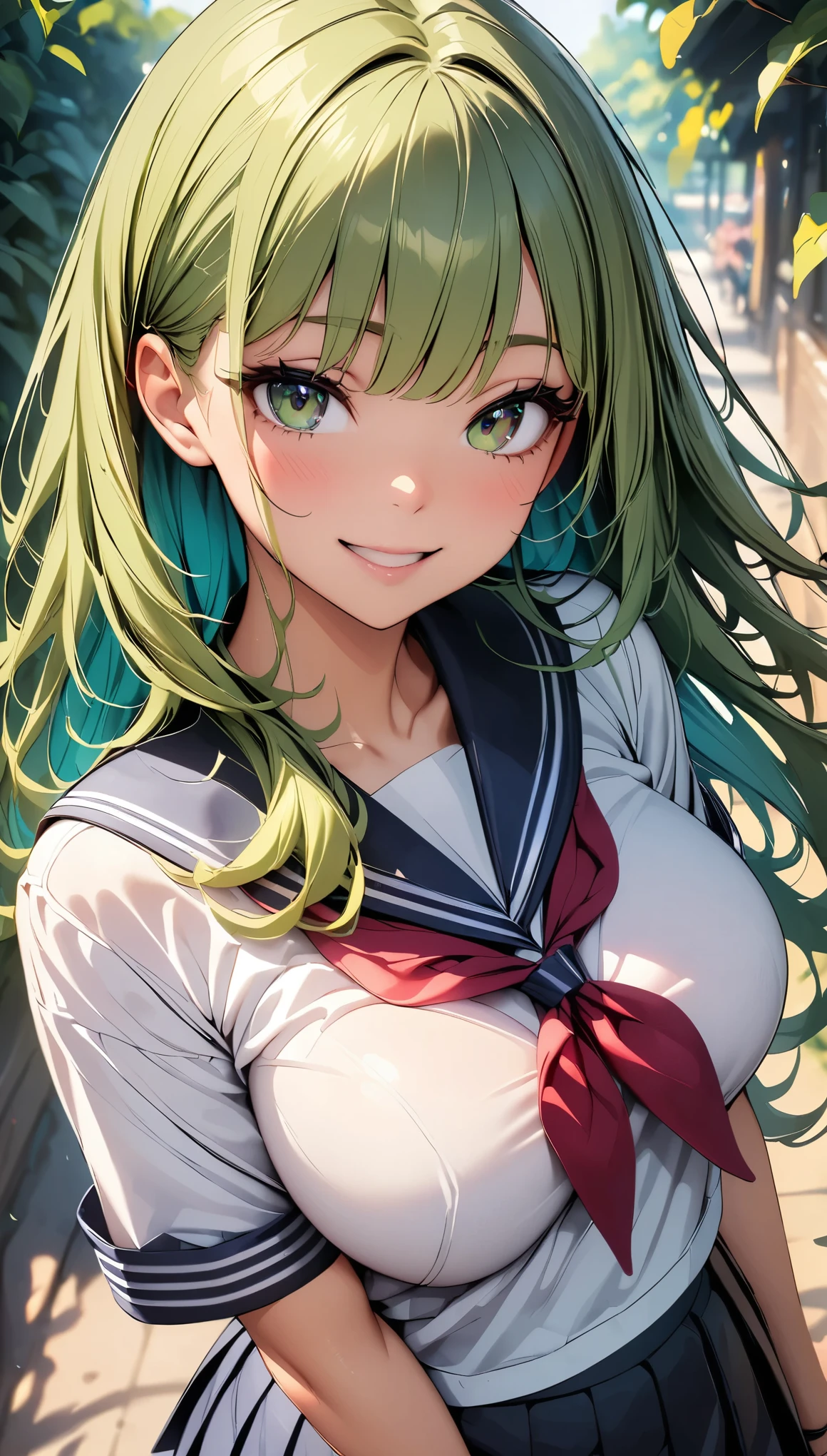 (Highest quality:1.2, 4K, 8K, Very detailed, Latest, Vibrant, High detail, masterpiece:1.2, Highest quality, Best aesthetics), (((1 Girl))), JK, Sailor suit, Pleated skirt, Open your mouth slightly:1.2, smile, (Green Hair, Long Hair), Dynamic Angle, Friendly atmosphere, Beautiful Hair, Shiny Hair, Beautiful Skin, Detailed face and eyes, Glossy Lips, Curvy Women, A park full of greenery:1.2, Colorful flowers, Light and shadow with attention to detail, Background Blur.