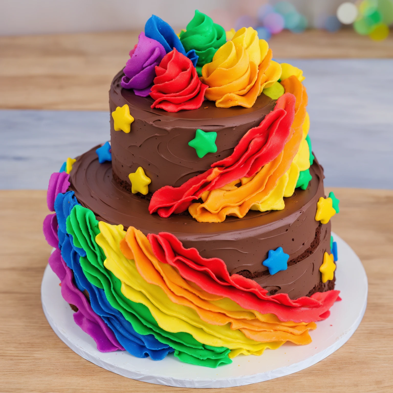 on a wooden table. there is a white plate. double tier chocolate cake, rainbow cream in the form of ruffles, decorated with rainbow stars made of polymer clay, multi-colored cream on top, against the background of the kitchen, Beautiful light from the window, Contour light, several light sources, beautiful lighting, Bright light source, bright lighting, beautiful light sources, Multiple light sources, Realistic style , realistic texture, detailed texture, A high resolution, high quality, beautiful photo of the cake, advertising photo, macro photography