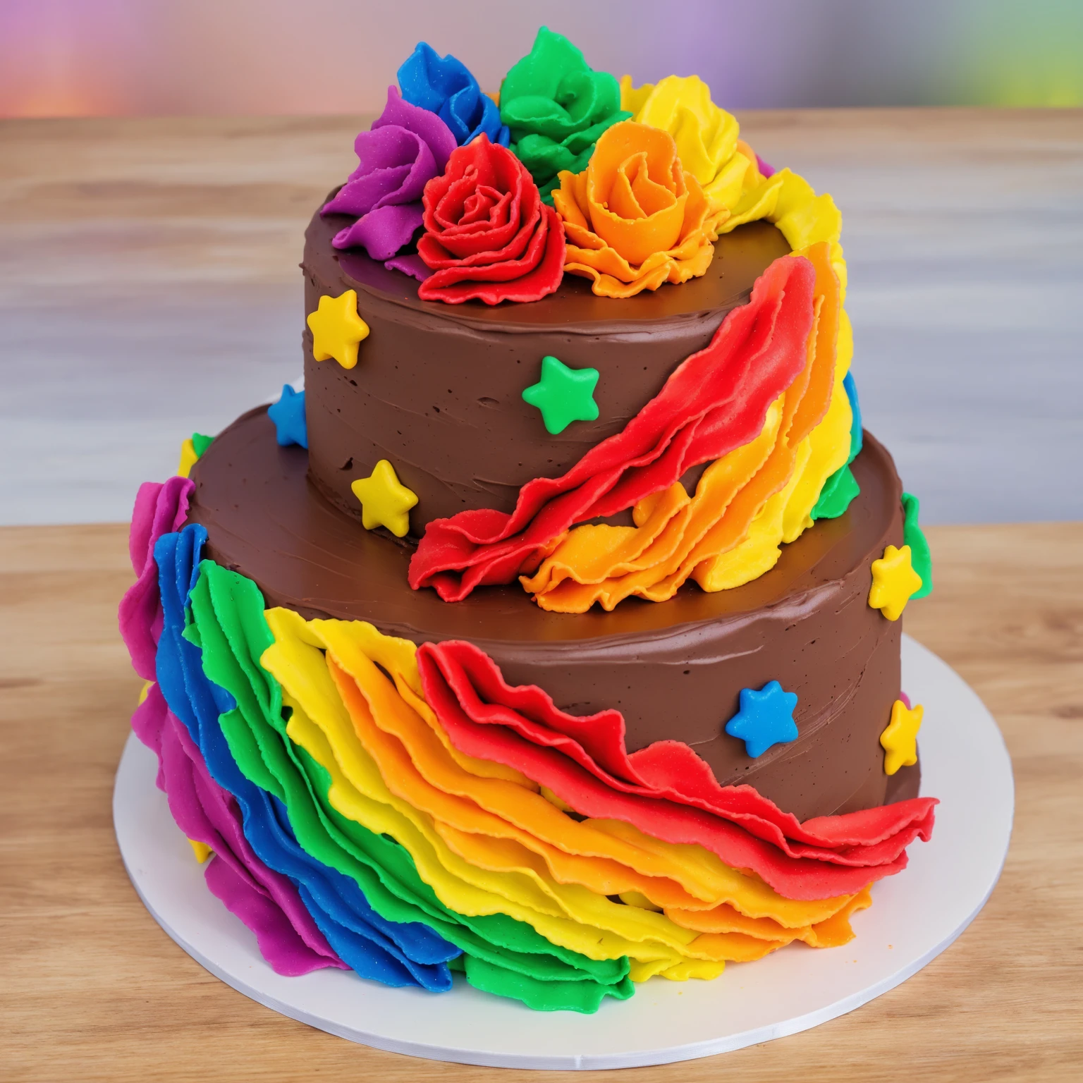 on a wooden table. there is a white plate. double tier chocolate cake, rainbow cream in the form of ruffles, decorated with rainbow stars made of polymer clay, multi-colored cream on top, against the background of the kitchen, Beautiful light from the window, Contour light, several light sources, beautiful lighting, Bright light source, bright lighting, beautiful light sources, Multiple light sources, Realistic style , realistic texture, detailed texture, A high resolution, high quality, beautiful photo of the cake, advertising photo, macro photography