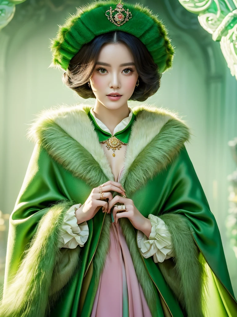 a woman in a green dress and a fur stole, a pastel inspired by Guo Xi, trending on cg society, baroque, wearing a luxurious silk cloak, wearing a luxurious cloak, wearing a luxurious royal cloak, royal gown, with a green cloak, green cloak, green cape, long luxurious gown, robe. extremely high details, wearing dramatic aristocrat robe