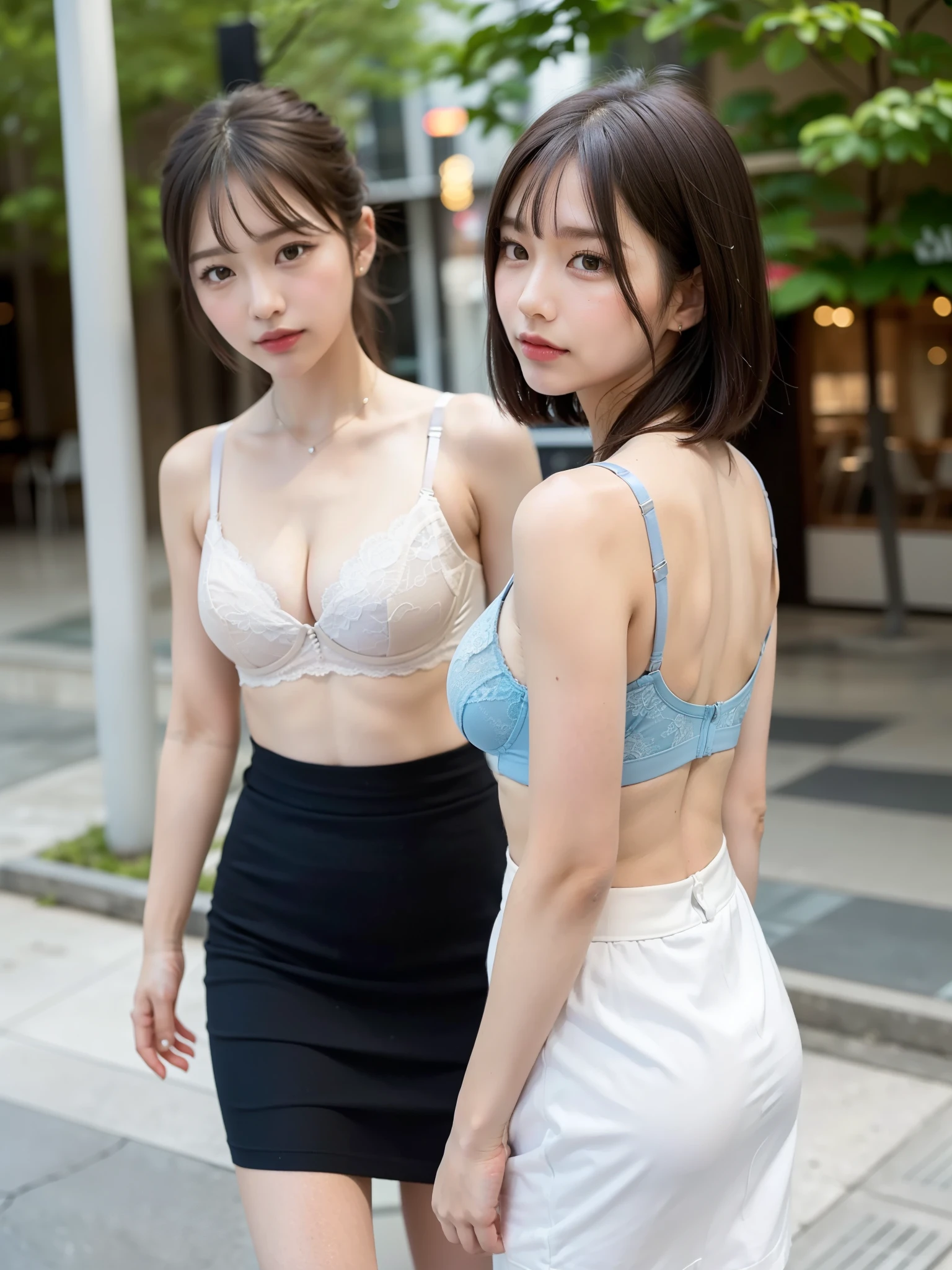 ((Best of the highest quality, 8k, Masterpiece, raw photo: 1.2)), (Sharp focus: 1.2), (1 AESPA, slim body type female, 21 y/o: 1.1), (Solo: 1.1), (realistic, photo-realistic:1.37), face focus, cute face, finely eyes, (droopy eyes: 1.32), (Emphasize prominent aegyo-sal with bright: 1.2), shimmering eyeshadow applied under the lower lash line, paired with thick, (small breasts, flat chest, Thigh: 1.3), (short messy hair, bangs: 1.28), (neat bra, business skirt: 1.32), walking terrace dining, flower, (from behind: 1.12)
