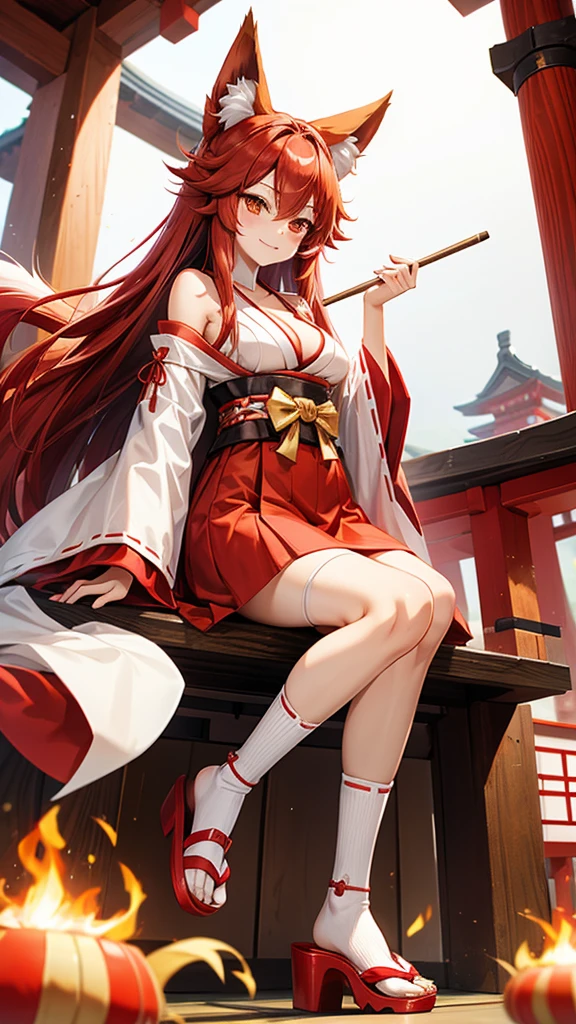 red long hair woman,Fox ears,Fox tail,Red and white miko costume,cleavage,hakama,White socks,Straw sandals,Japanese Shrines