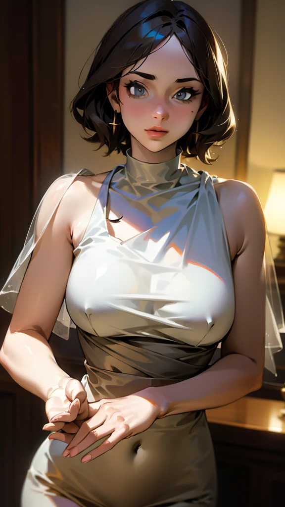 ((masterpiece))、((Highest quality))、photograph、reality、High resolution、Advanced Depth of Field、Very detailed、Realistic lighting、Married women、50 years old、Delicate facial features、Short Bob、Disheveled Hair、Voluptuous body、Realistic background and accessories、Big ample breasts、Sexy smile、Captivating Gaze、Office at night、Black see-through tank top、that'In the Dark、From above、Bust Shot、heavy, Saggy breasts、Skin is visible through the gaps between the buttons、landscape、 a sexy girl with no 👗