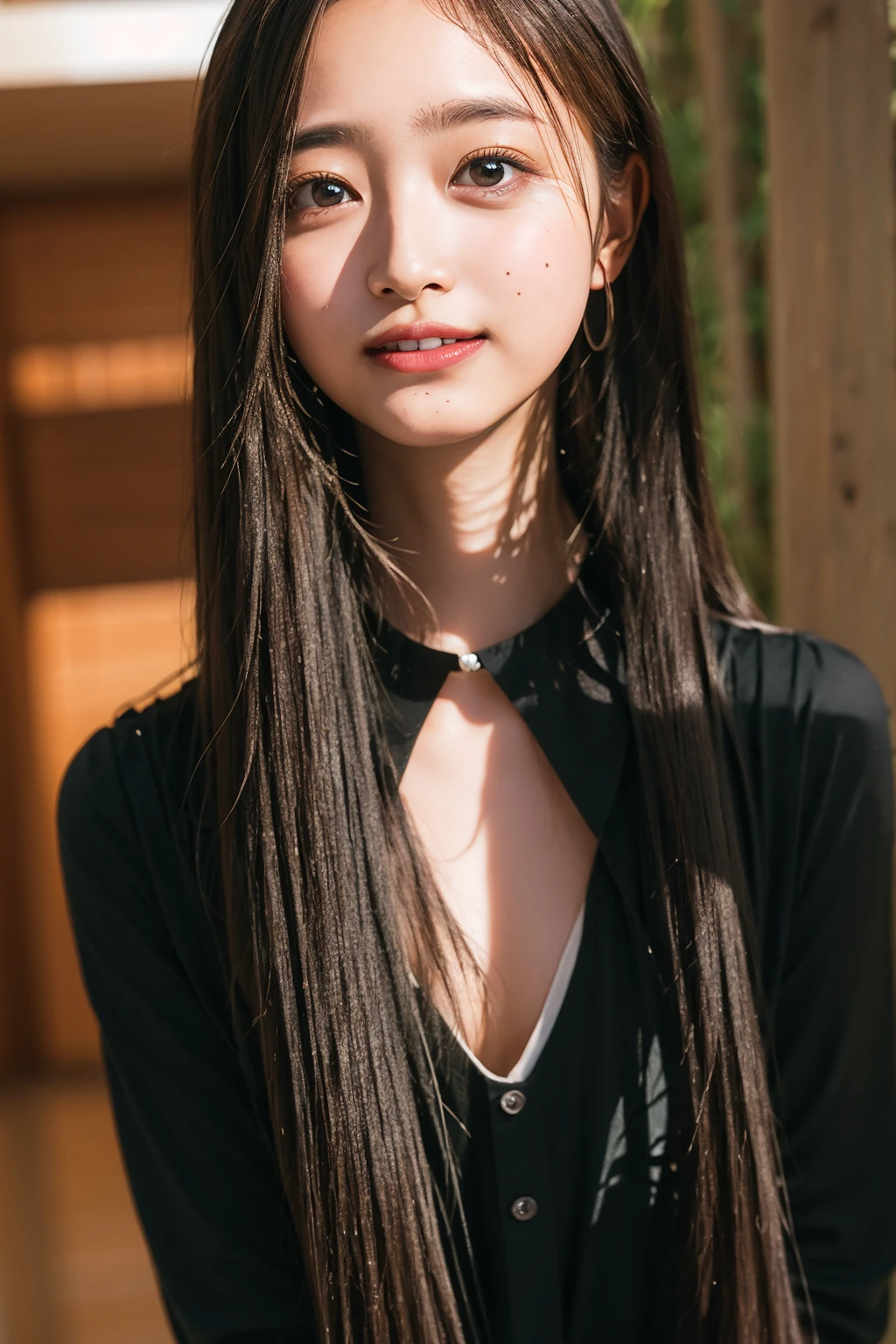 (((upper body shot))),Ultra-high resolution,big eyes,((brown eyes)),Japanese,(forehead),(a girl),(1 girl),(()),(cute),pretty,((facing at viewer)),arms behind back,grin,(((black clothes)))