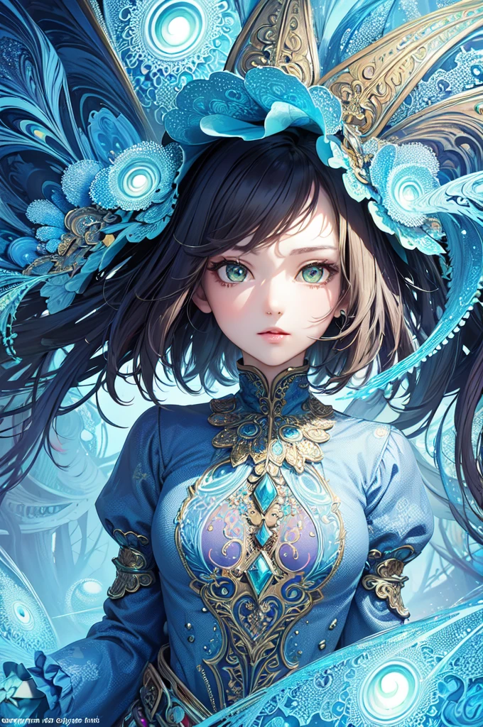 (masterpiece, top quality, best quality, official art, beautiful and aesthetic:1.2), (1girl), extreme detailed,(fractal art:1.3),colorful,highest detailed, small tits, green eyes, shadows in blue, highlights in cold