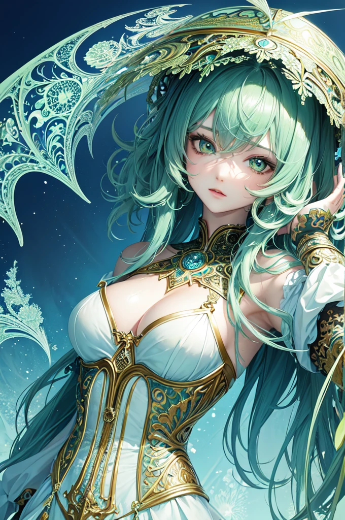 (masterpiece, top quality, best quality, official art, beautiful and aesthetic:1.2), (1girl), extreme detailed,(fractal art:1.3),colorful,highest detailed, small ????, green eyes, shadows in blue, highlights in cold