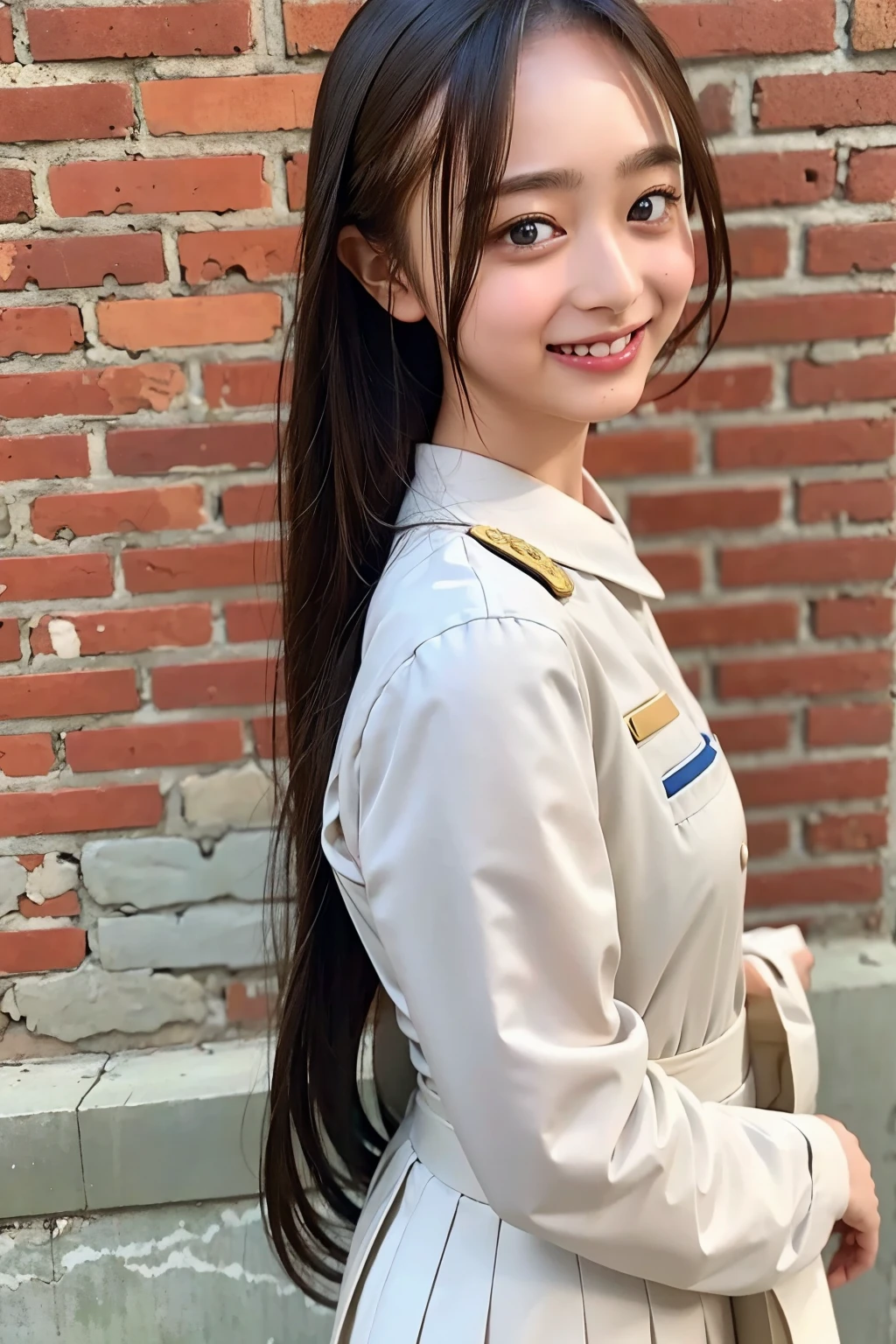 (((upper body shot))),Ultra-high resolution,big eyes,(brown eyes),Japanese,(forehead),(a girl),(1 girl),((18-year-old)),cute,pretty,((facing at viewer)),grin,(((white uniform)))