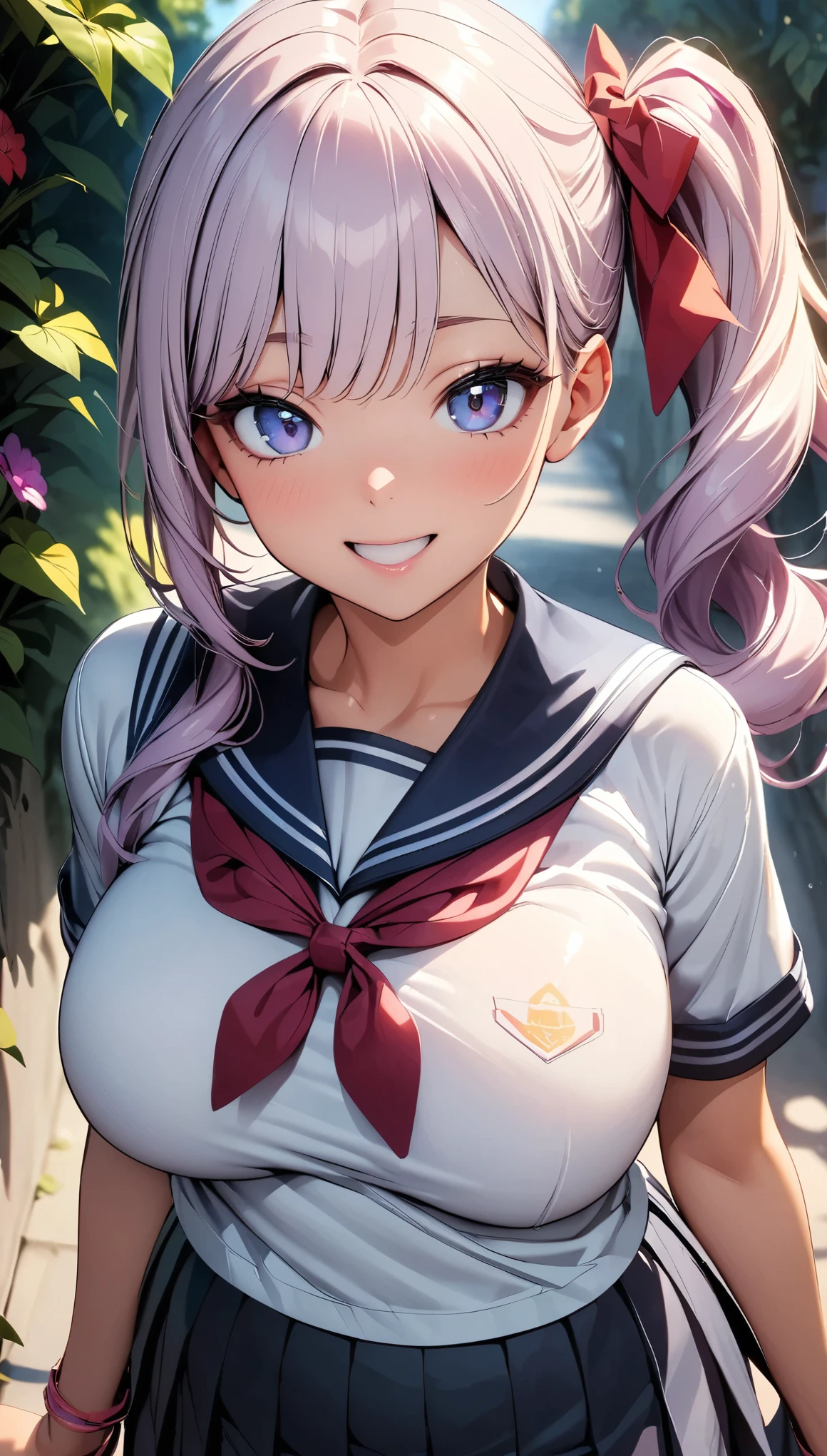 (Highest quality:1.2, 4K, 8K, Very detailed, Latest, Vibrant, High detail, masterpiece:1.2, Highest quality, Best aesthetics), (((1 Girl))), JK, Sailor suit, Pleated skirt, Open your mouth slightly:1.2, smile, (Light purple hair, Voluminous side ponytail), Dynamic Angle, Friendly atmosphere, Beautiful Hair, Shiny Hair, Beautiful Skin, Detailed face and eyes, Glossy Lips, Curvy Women, A park full of greenery:1.2, Colorful flowers, Light and shadow with attention to detail, Background Blur.