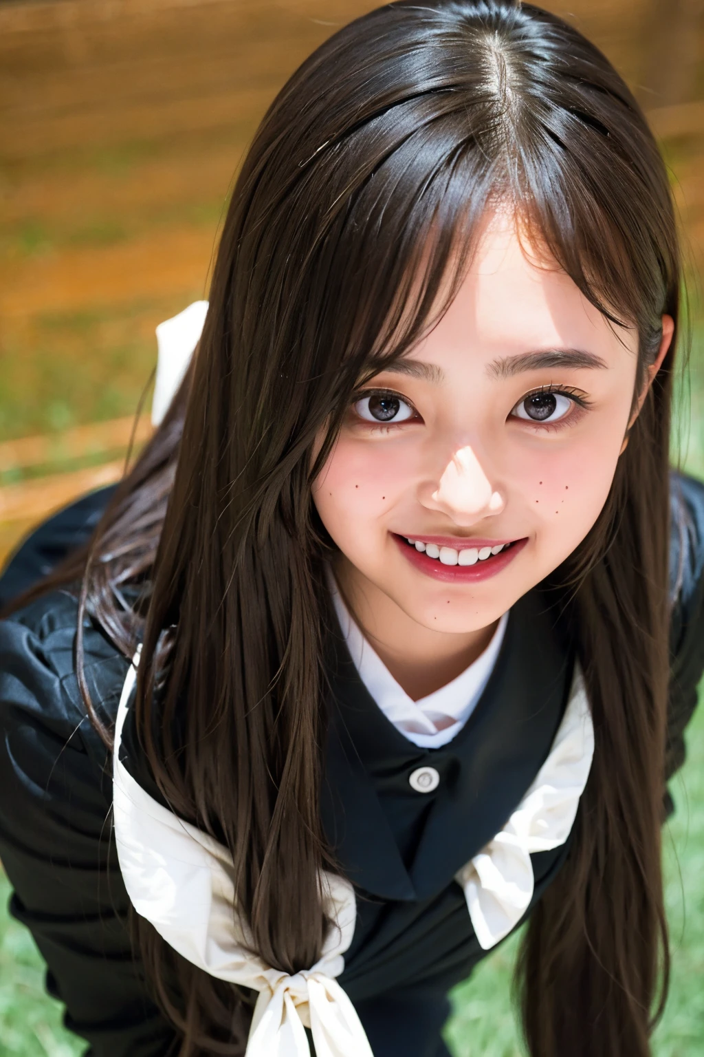 (((upper body shot))),Ultra-high resolution,big eyes,((brown eyes)),Japanese,(forehead),(a girl),(1 girl),((18-year-old)),cute,pretty,((facing at viewer)),arms behind back,grin,(((black uniform)))