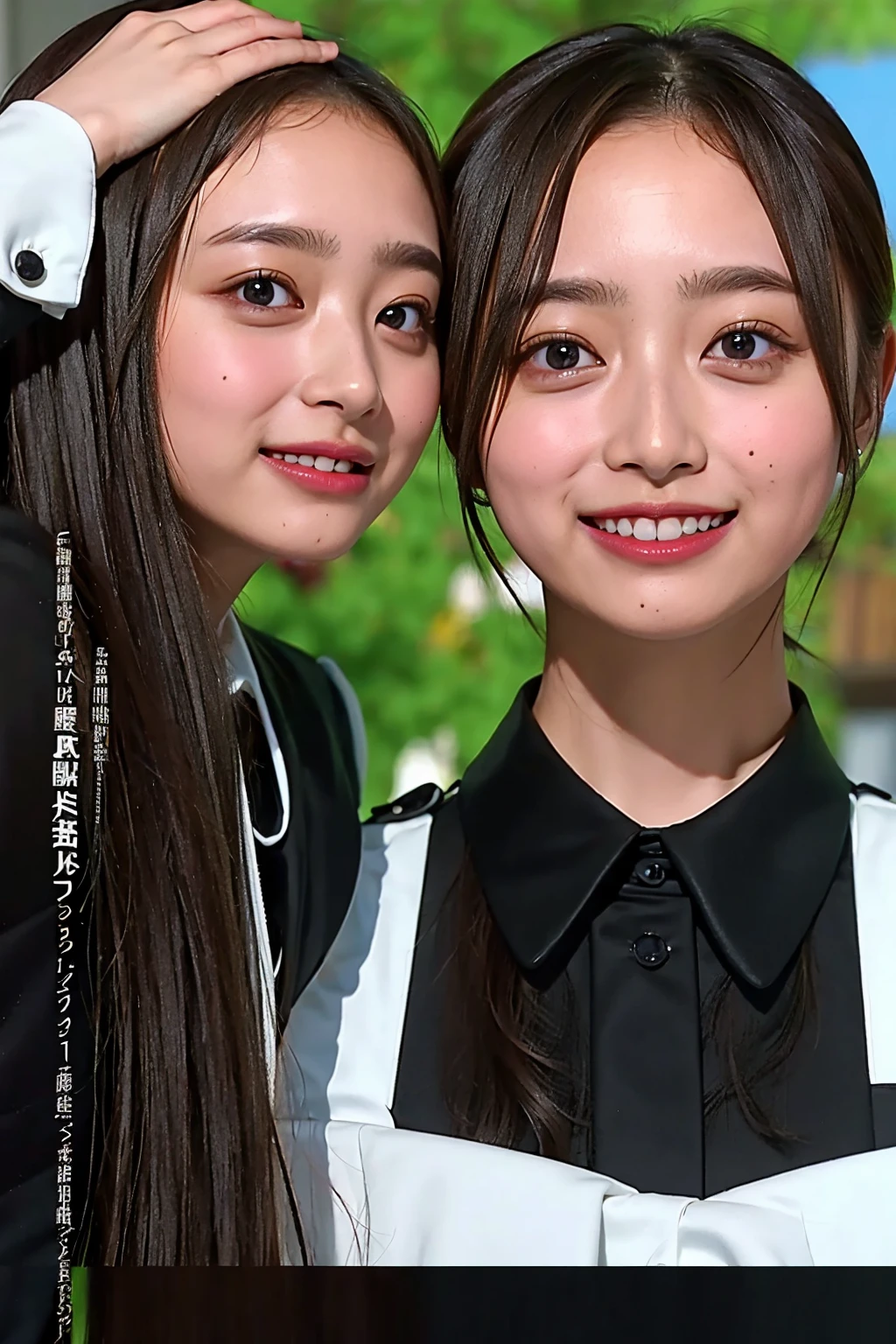 (((upper body shot))),Ultra-high resolution,big eyes,((brown eyes)),Japanese,(forehead),(a girl),(1 girl),((18-year-old)),cute,pretty,((facing at viewer)),arms behind back,grin,(((black uniform)))