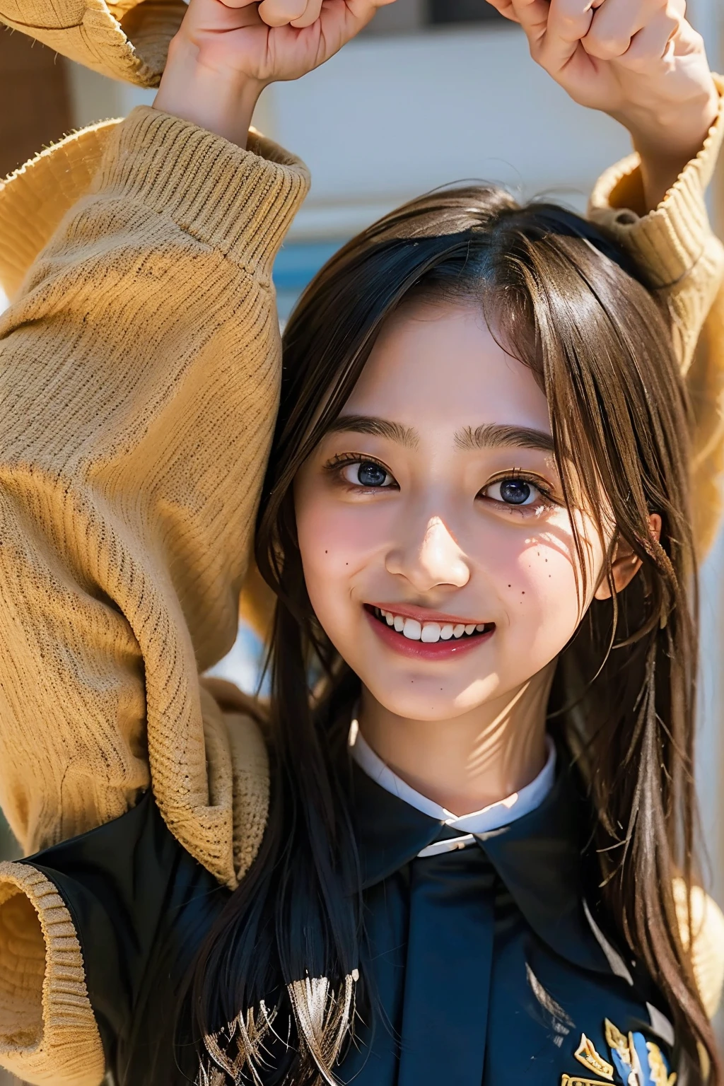 (((upper body shot))),Ultra-high resolution,big eyes,((brown eyes)),Japanese,(a girl),(1 girl),(()),(cute),pretty,((facing at viewer)),arms behind back,grin,(((black shirt)))