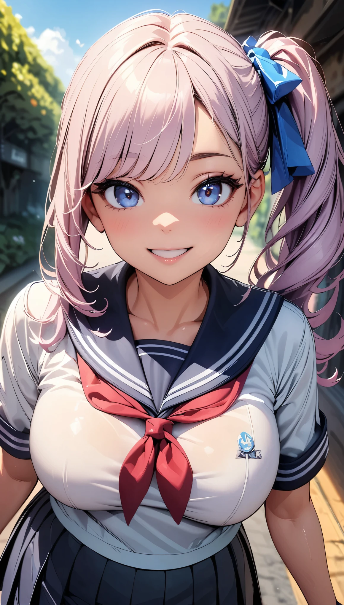 (Highest quality:1.2, 4K, 8K, Very detailed, Latest, Vibrant, High detail, masterpiece:1.2, Highest quality, Best aesthetics), (((1 Girl))), JK, Sailor suit, Pleated skirt, Open your mouth slightly:1.2, smile, (Light purple hair, Voluminous side ponytail), Dynamic Angle, Friendly atmosphere, Beautiful Hair, Shiny Hair, Beautiful Skin, Detailed face and eyes, Glossy Lips, Curvy Women, A park full of greenery:1.2, Colorful flowers, Light and shadow with attention to detail, Background Blur.